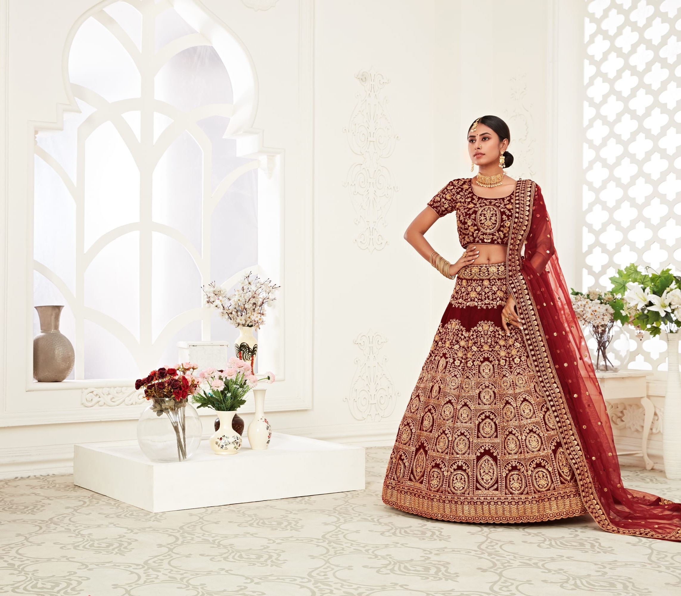 Red Lehenga Choli With Thread, Zari, Dori And Sequins Embroidery Work