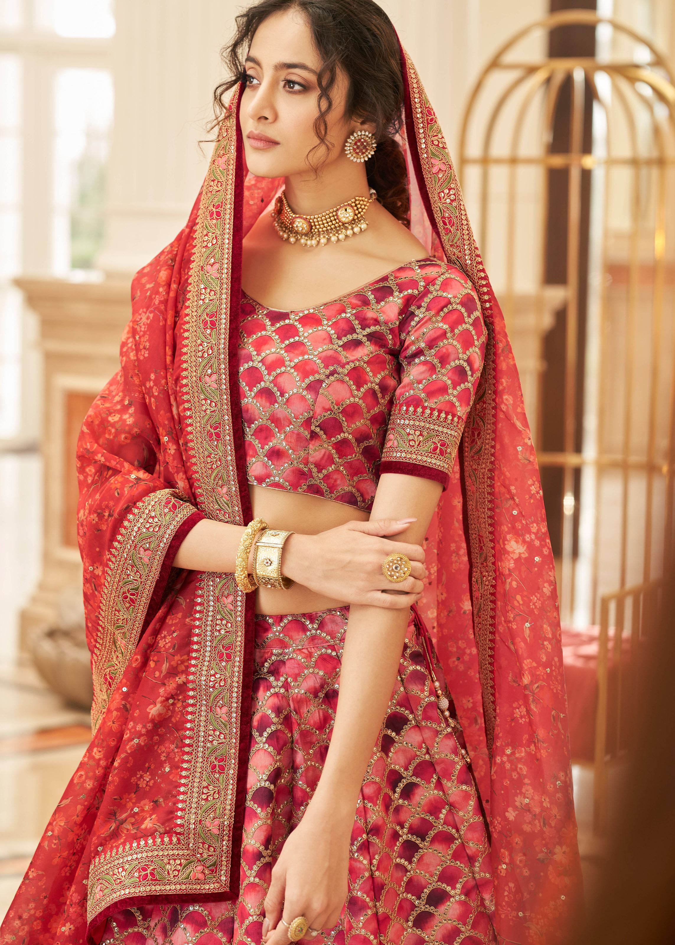 Red Lehenga Choli With Thread, Zari, Dori And Sequins Embroidery Work