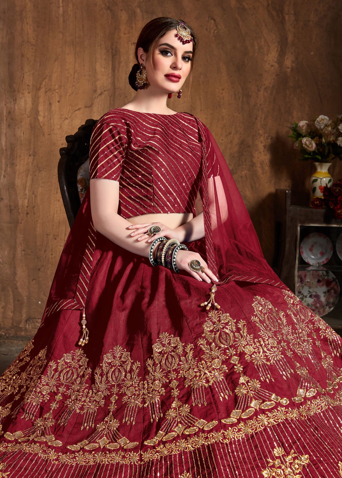 Red Lehenga Choli With Zari, Sequins Embroidery And Diamond Work