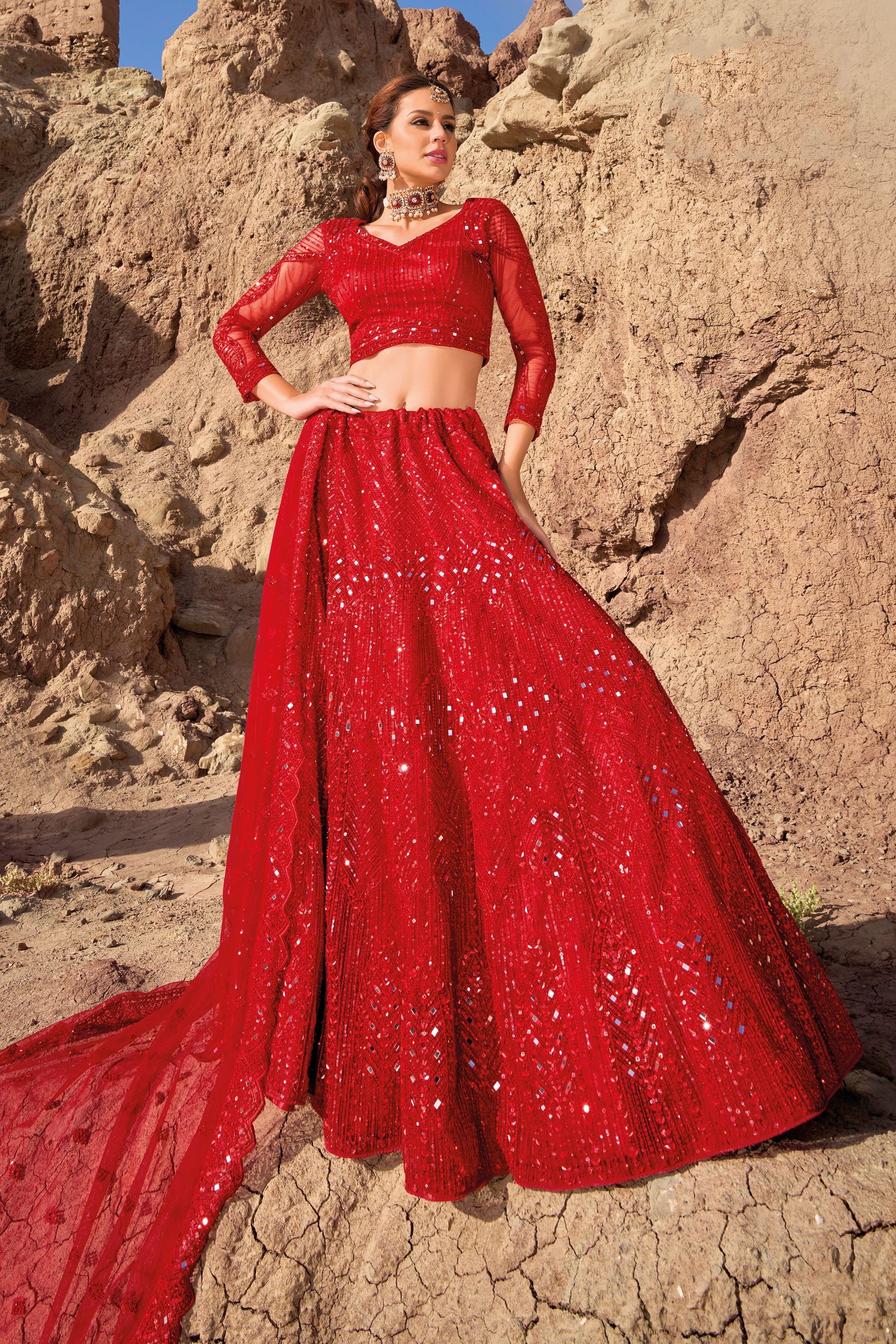 Red Lehenga Choli with Embroidery with Cut Work, Mirror Work and Zarkan Work