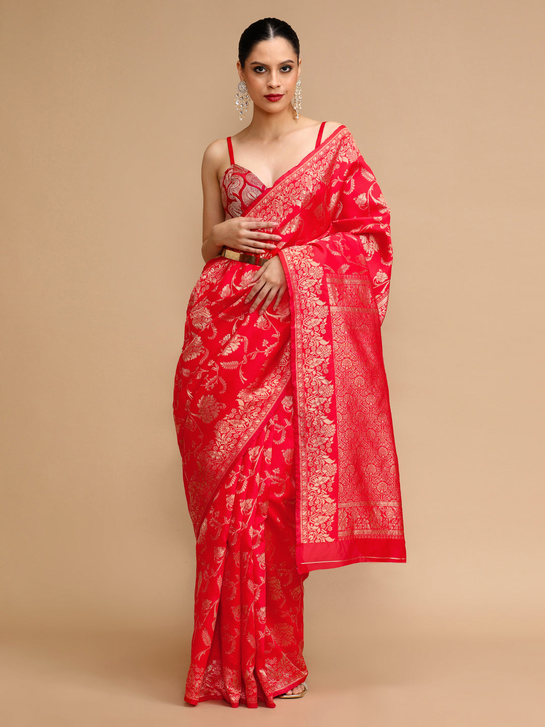 Red Lichi Silk Saree Woven Jacquard Designer For Ceremonial Looks