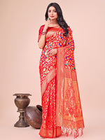 Red Lichi Silk Woven Designer Girlie Partywear Saree