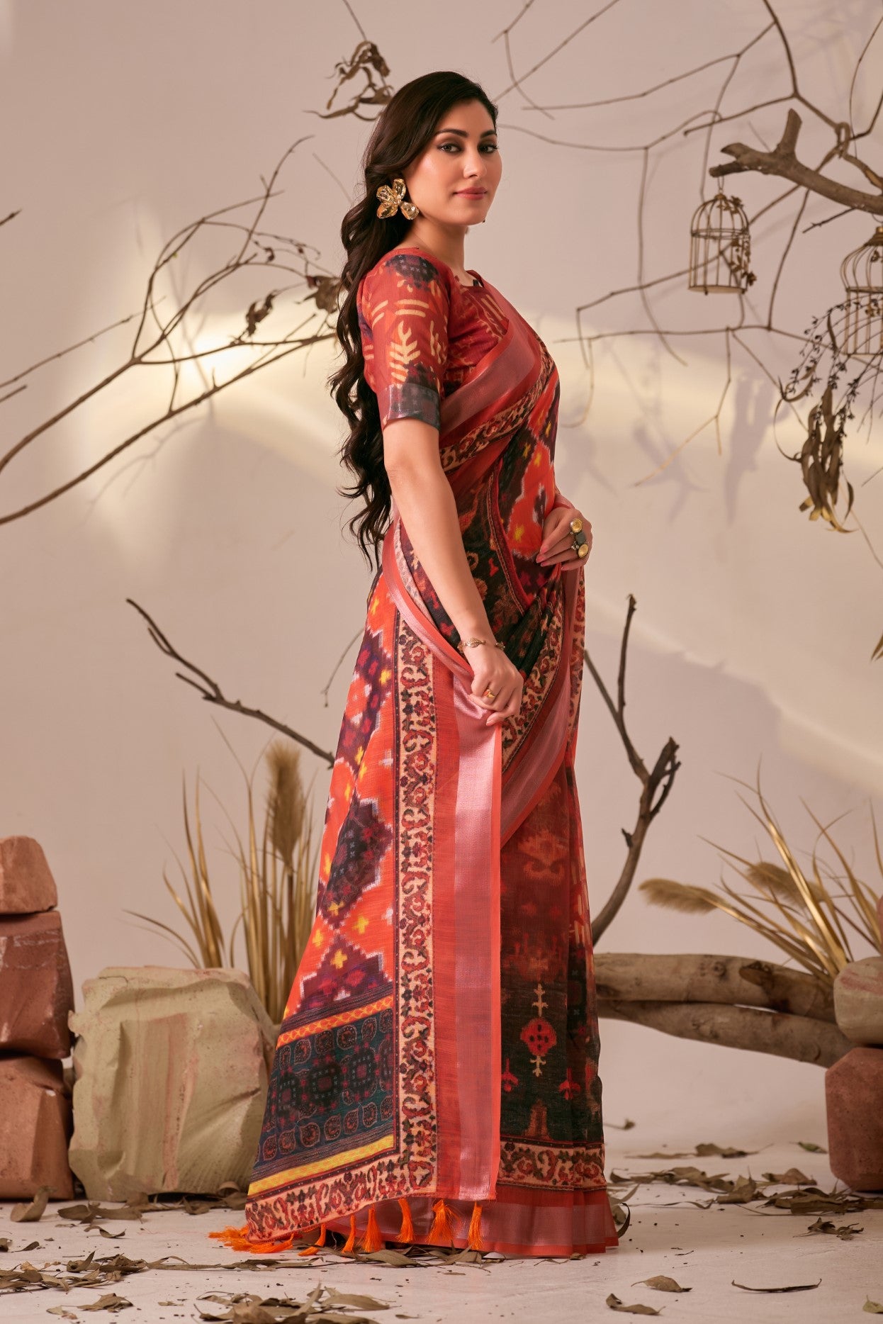 Red Linen Cotton Saree with Digital Print