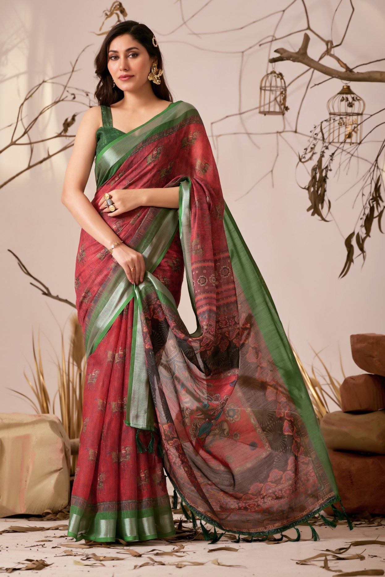 Red Linen Cotton Saree with Digital Print