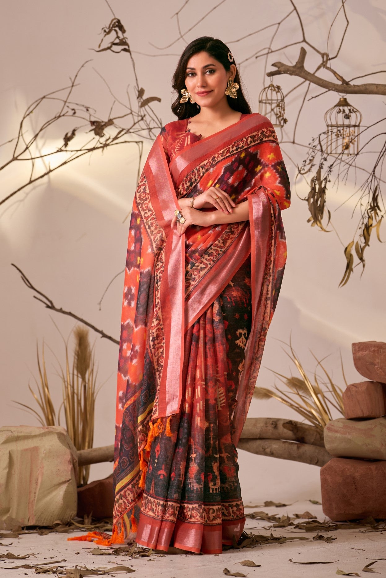 Red Linen Cotton Saree with Digital Print