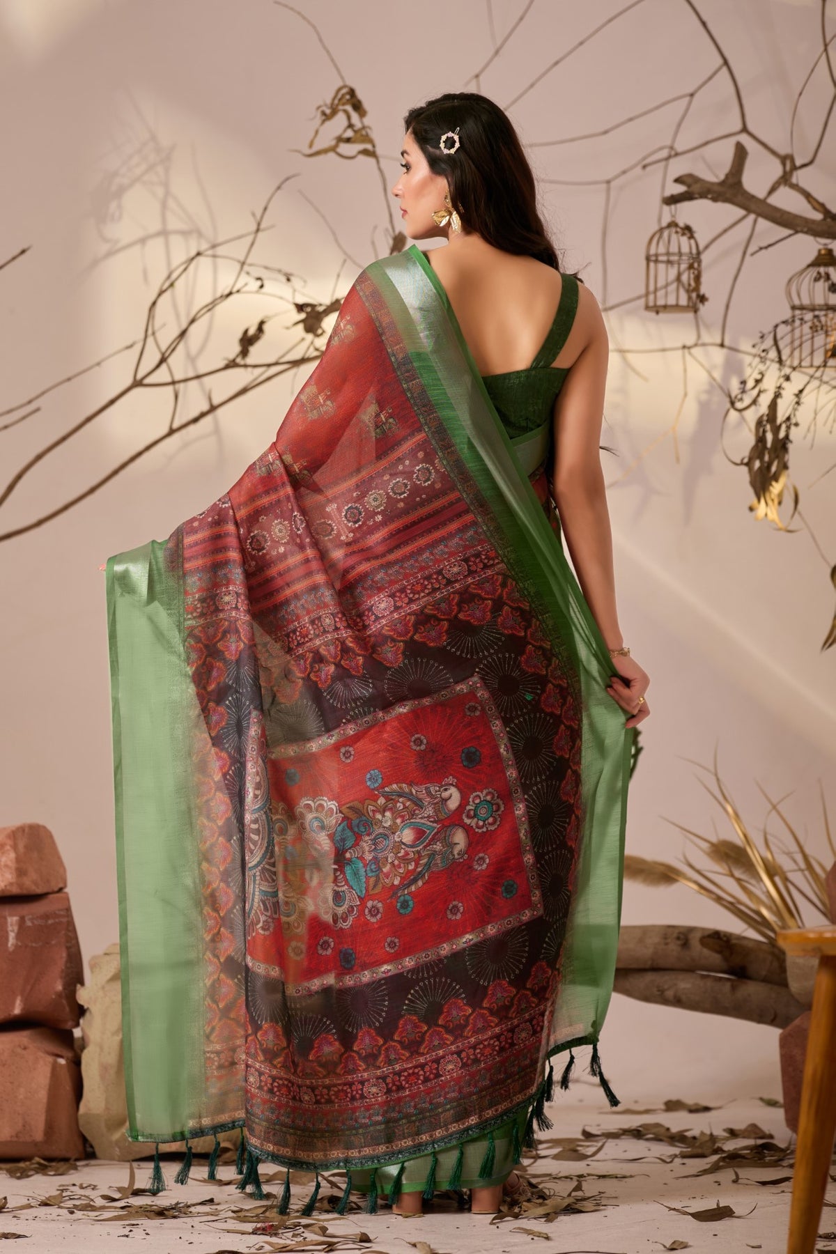 Red Linen Cotton Saree with Digital Print