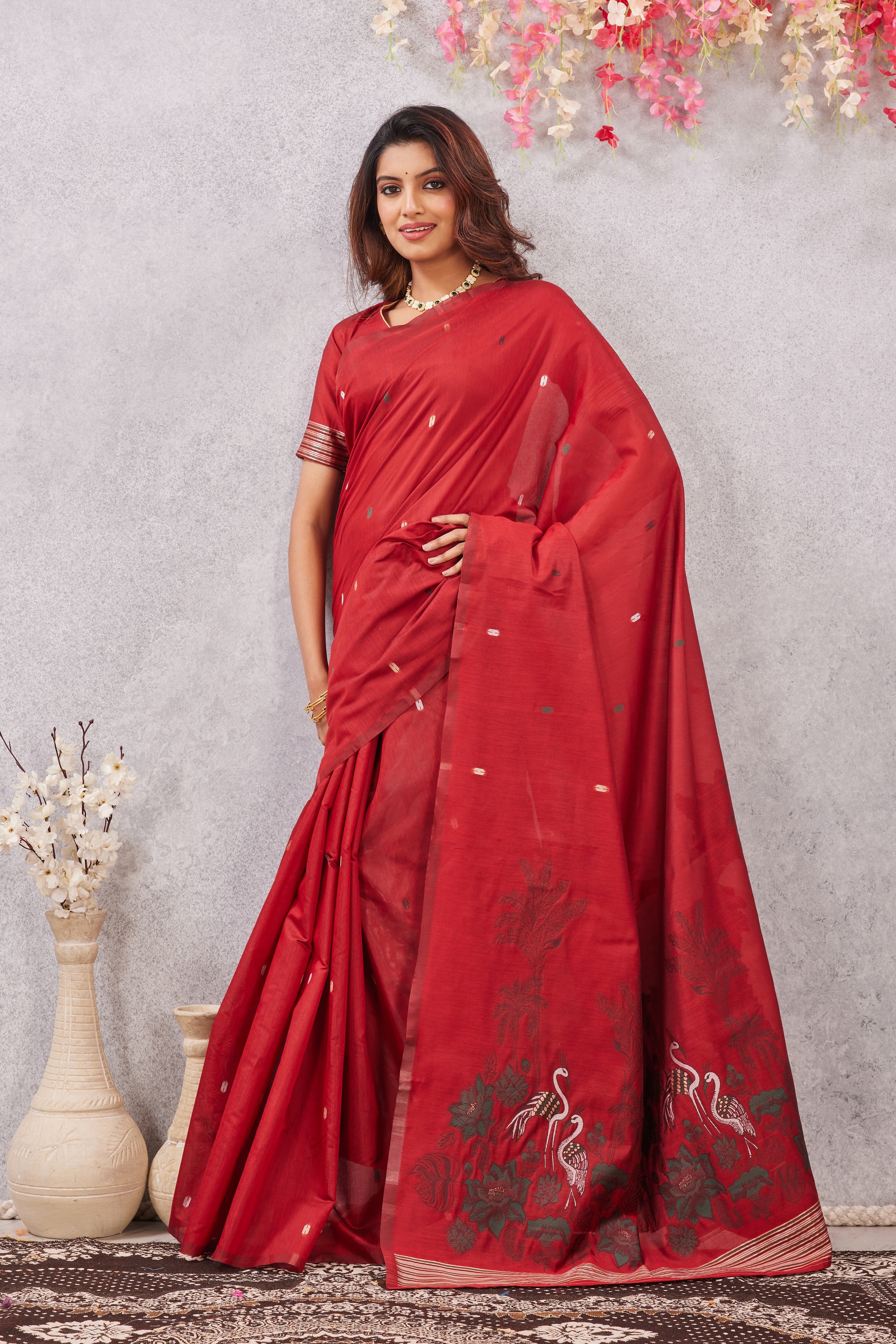 Red Linen Cotton Saree with Ethnic Motif Design & Rich Jacquard Pallu