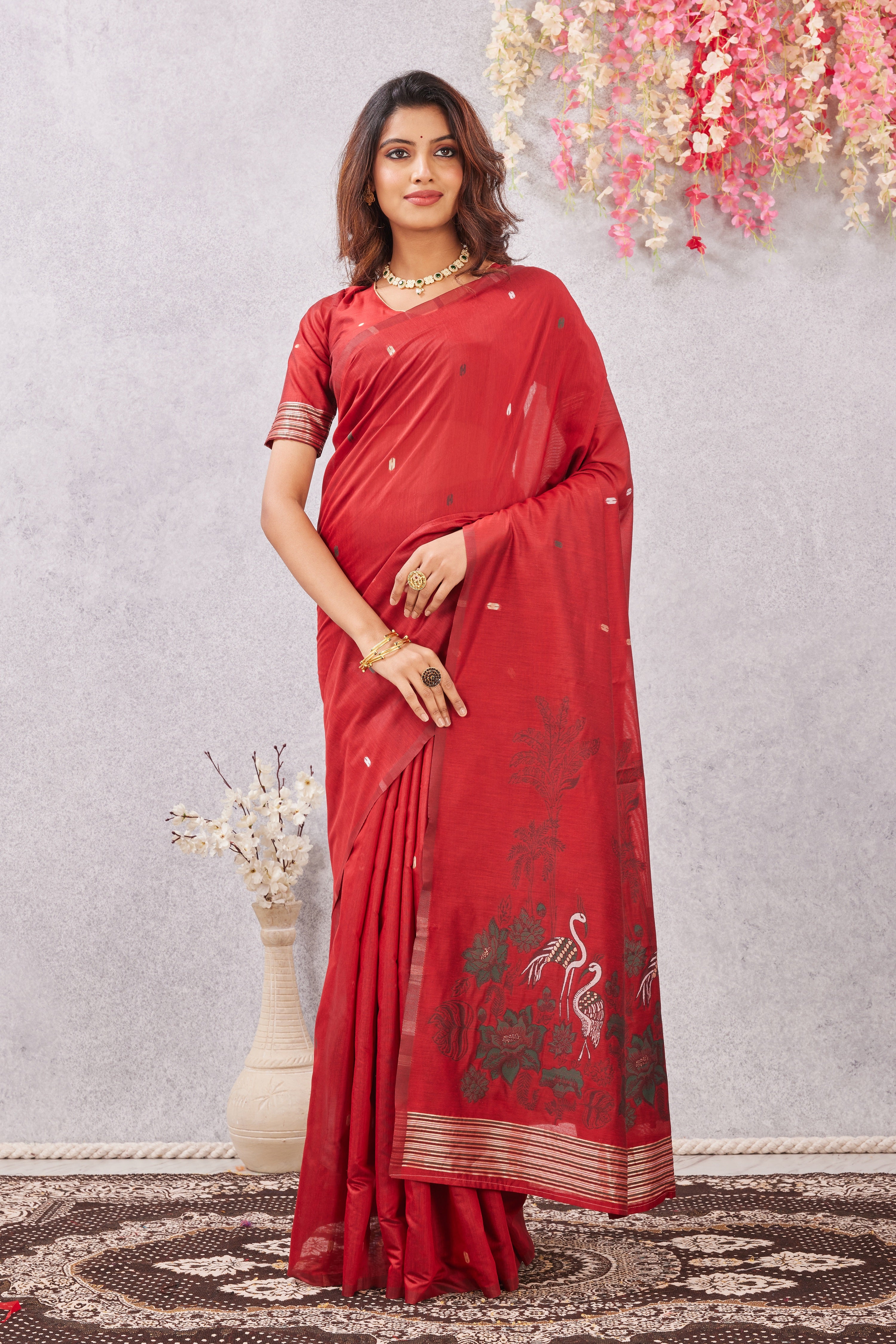 Red Linen Cotton Saree with Ethnic Motif Design & Rich Jacquard Pallu