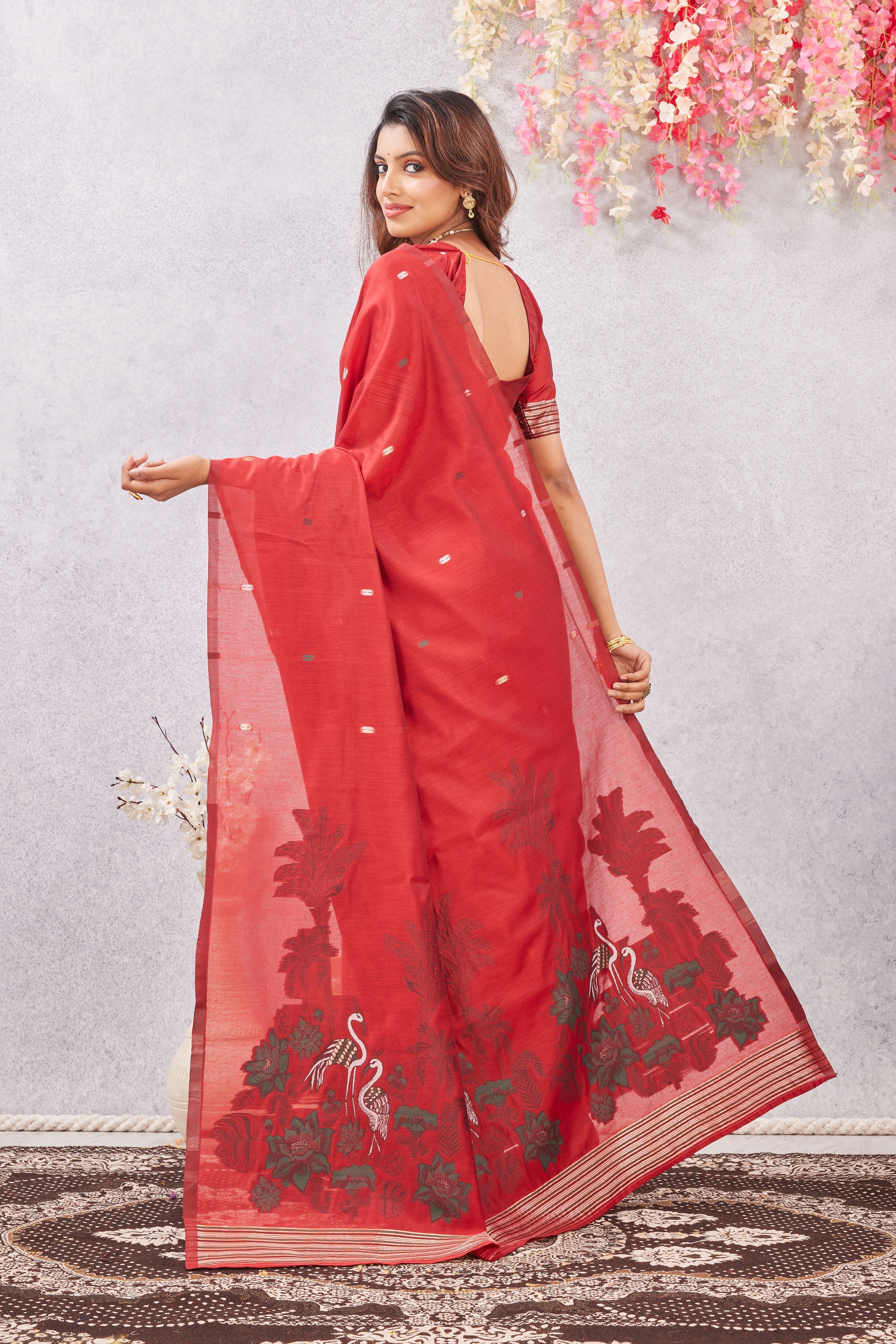 Red Linen Cotton Saree with Ethnic Motif Design & Rich Jacquard Pallu