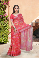 Red Linen Cotton Woven Border Designer Printed Saree