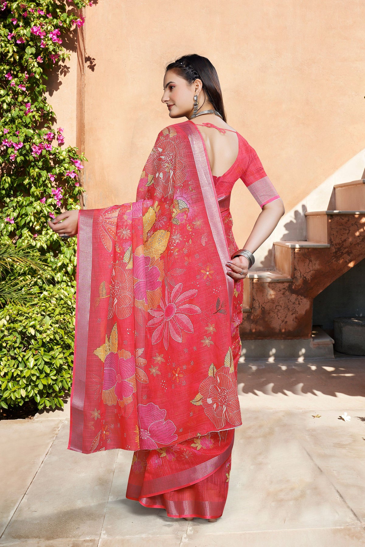Red Linen Cotton Woven Border Designer Printed Saree