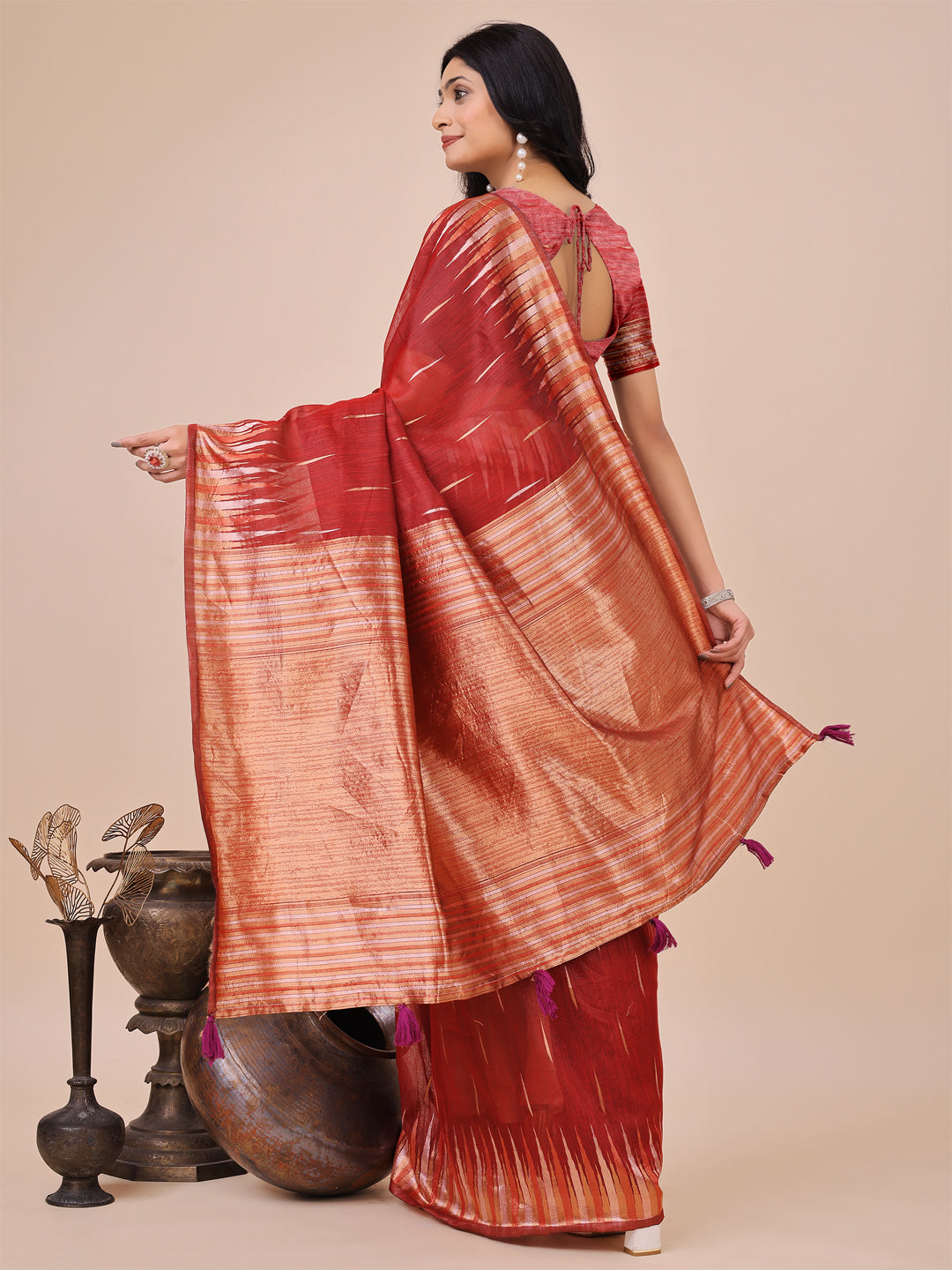 Red Linen Cotton Woven Jacquard Designer Festive Wear Saree