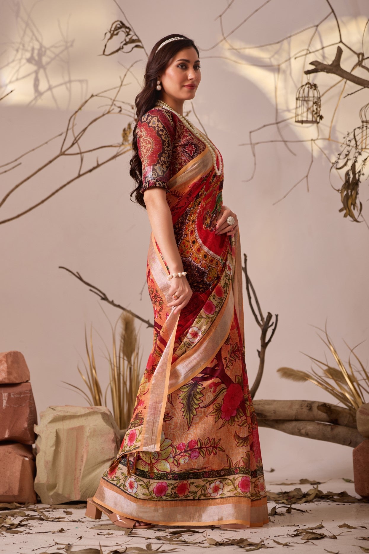 Red Linen Cotton saree With Digital Print