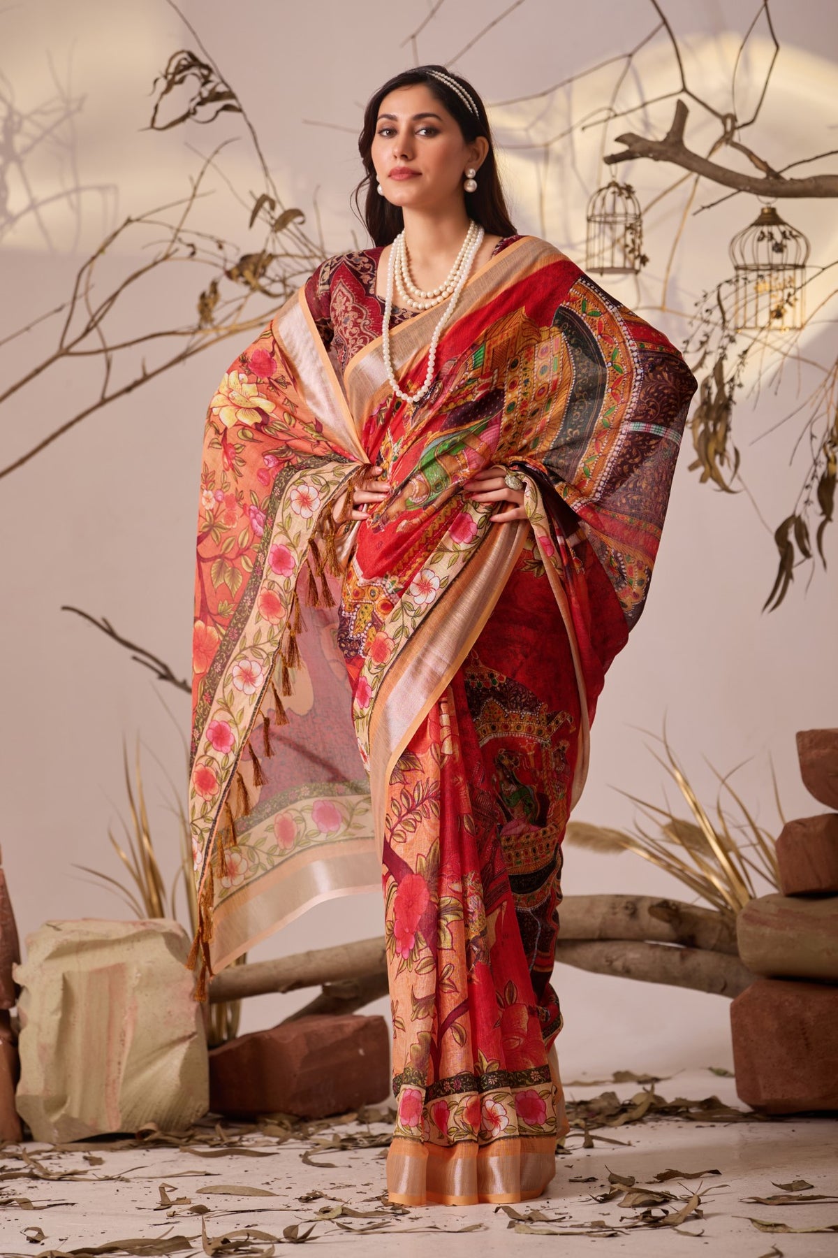 Red Linen Cotton saree With Digital Print