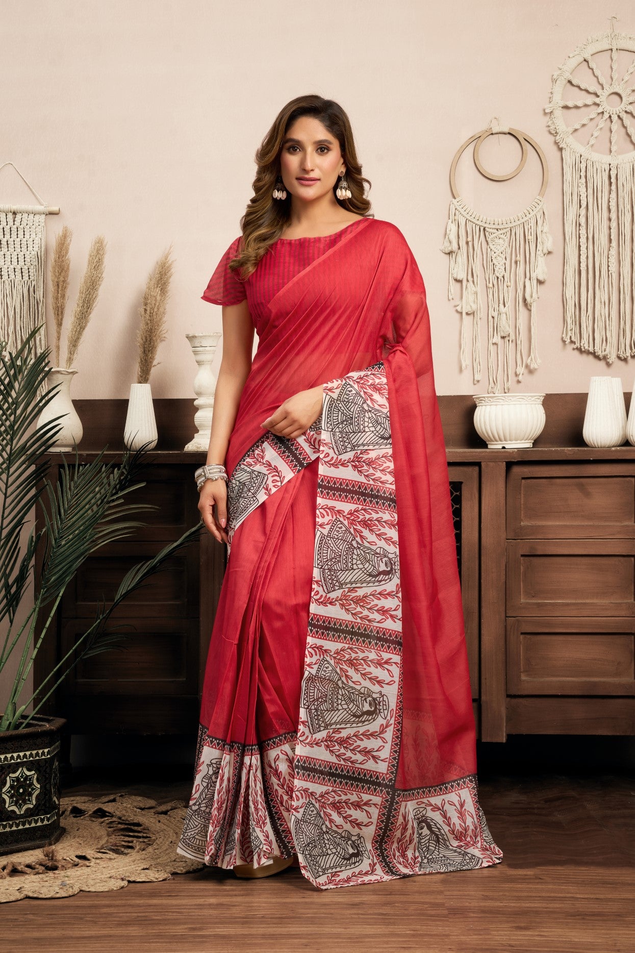 Red Linen Ready To Wear Saree With Zari Border Printed