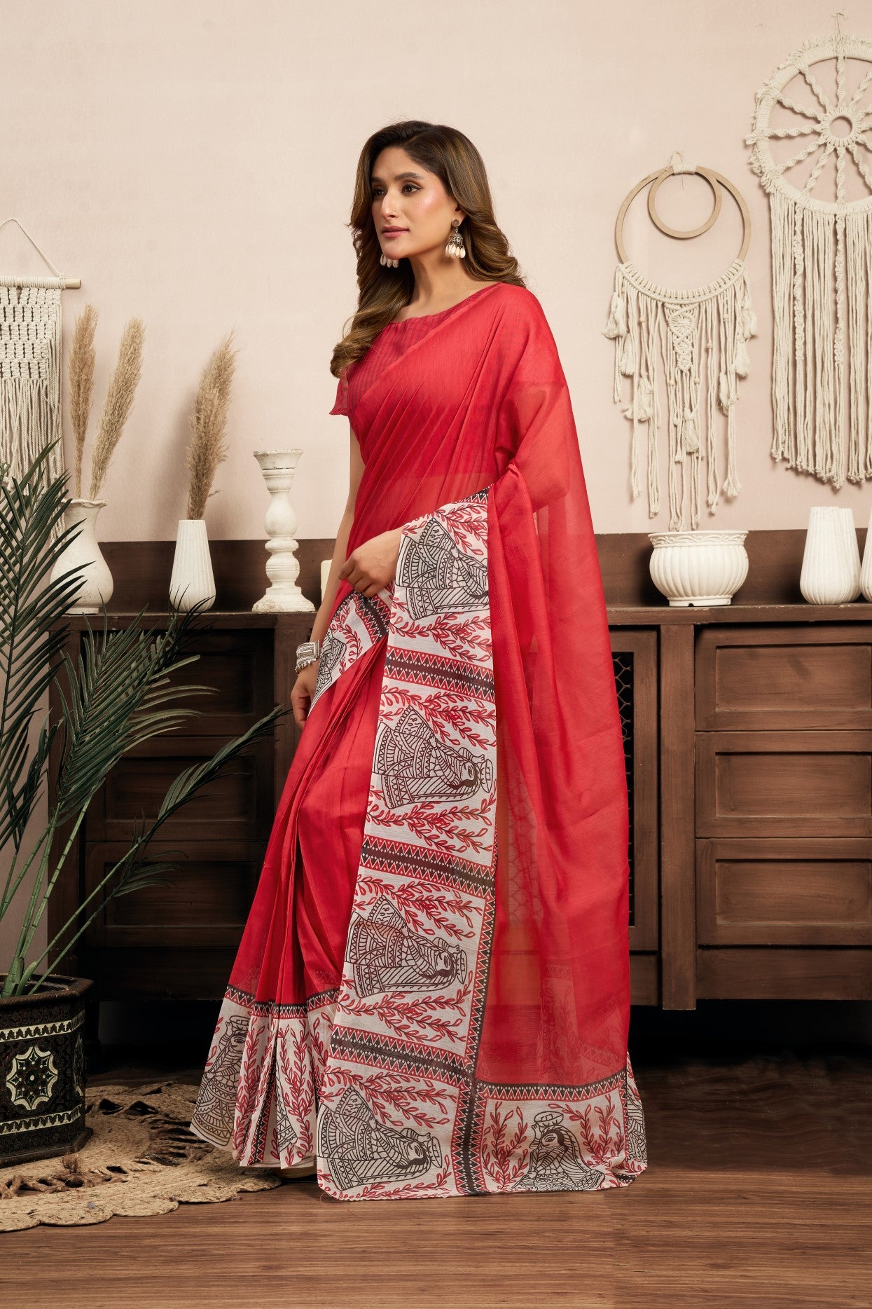 Red Linen Ready To Wear Saree With Zari Border Printed