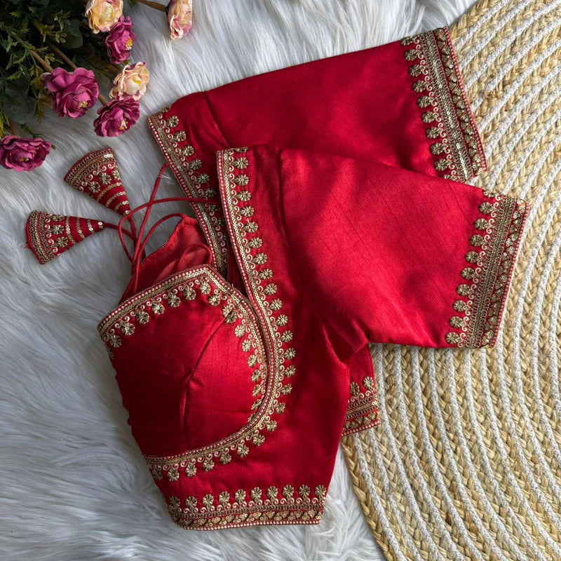 Red Luxe Bridal Masaba-Inspired Italian Silk Blouse with Embroidery & Sequins