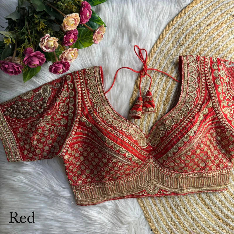 Red Luxe Bridal Roman Silk Blouse with Gold Zari, Embroidery & Sequins