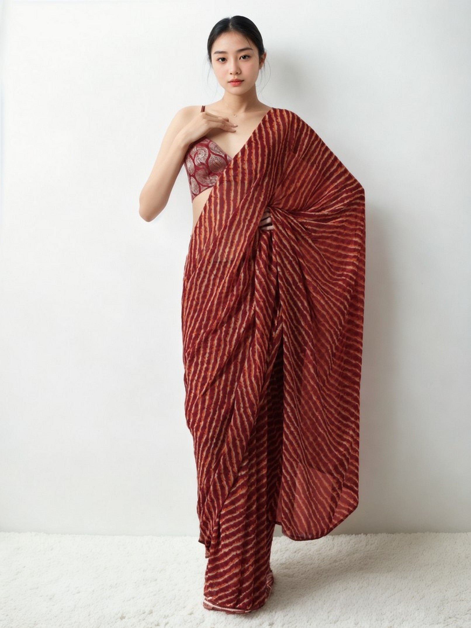 Red Marbel Chiffon Partywear Printed Girlie Ready To Wear Saree