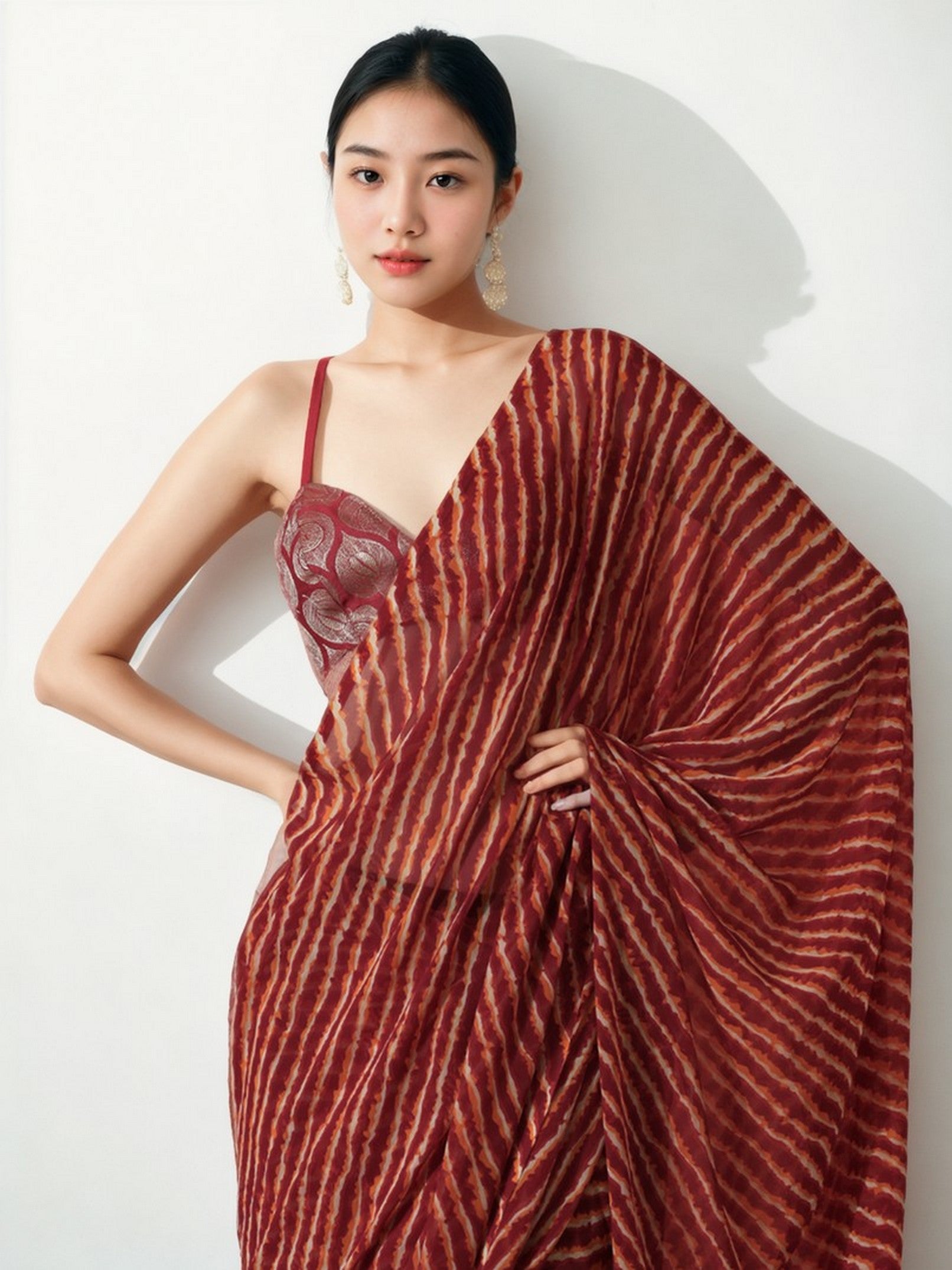 Red Marbel Chiffon Partywear Printed Girlie Ready To Wear Saree