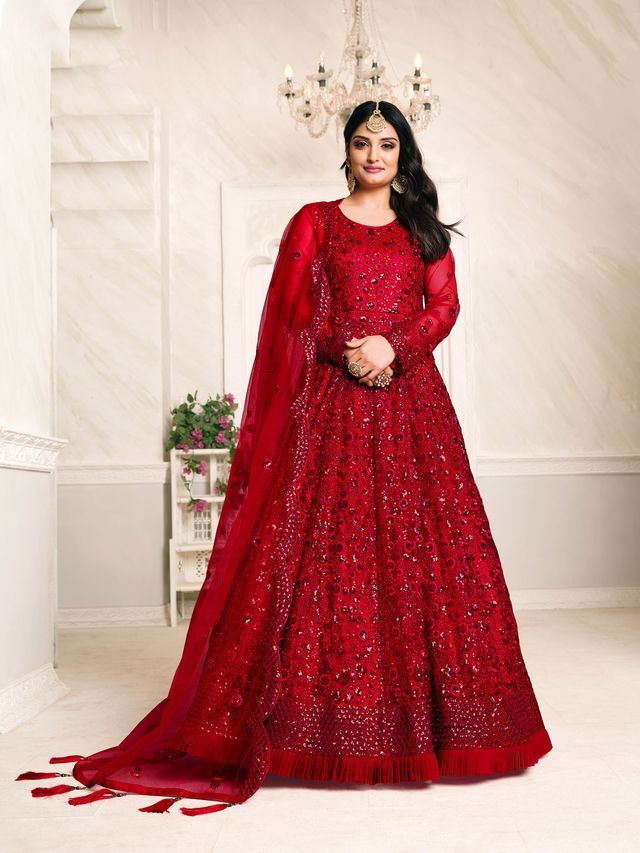 Red Net Heavy Thread Embroidery And Sequence Work  Anarkali Suits