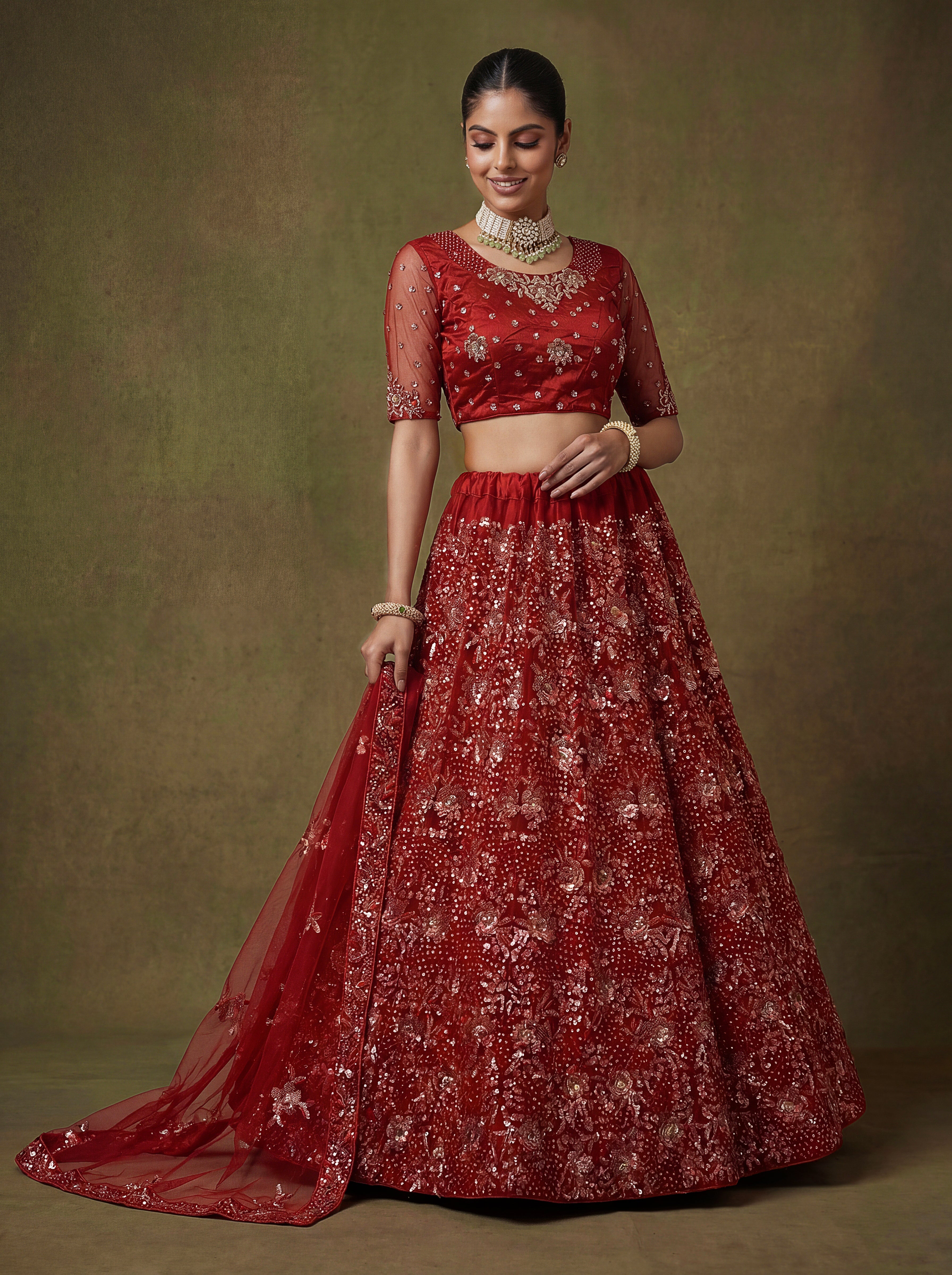 Red Net Lehenga Choli With Fancy Multi Heavy Thread Embroidery With Sequins Work