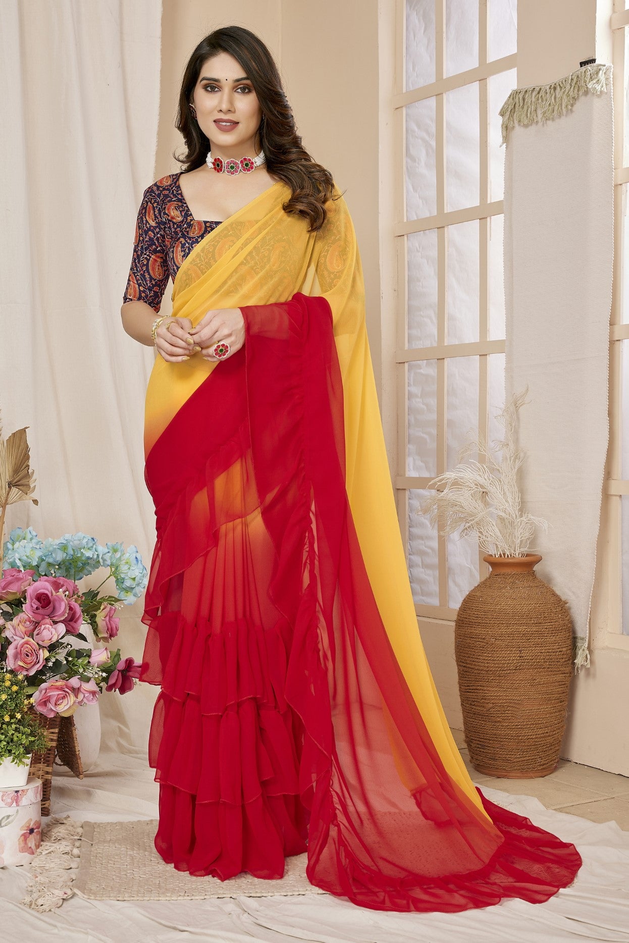 Red Orange Georgette Saree With Ruffle Saree With Printed Blouse