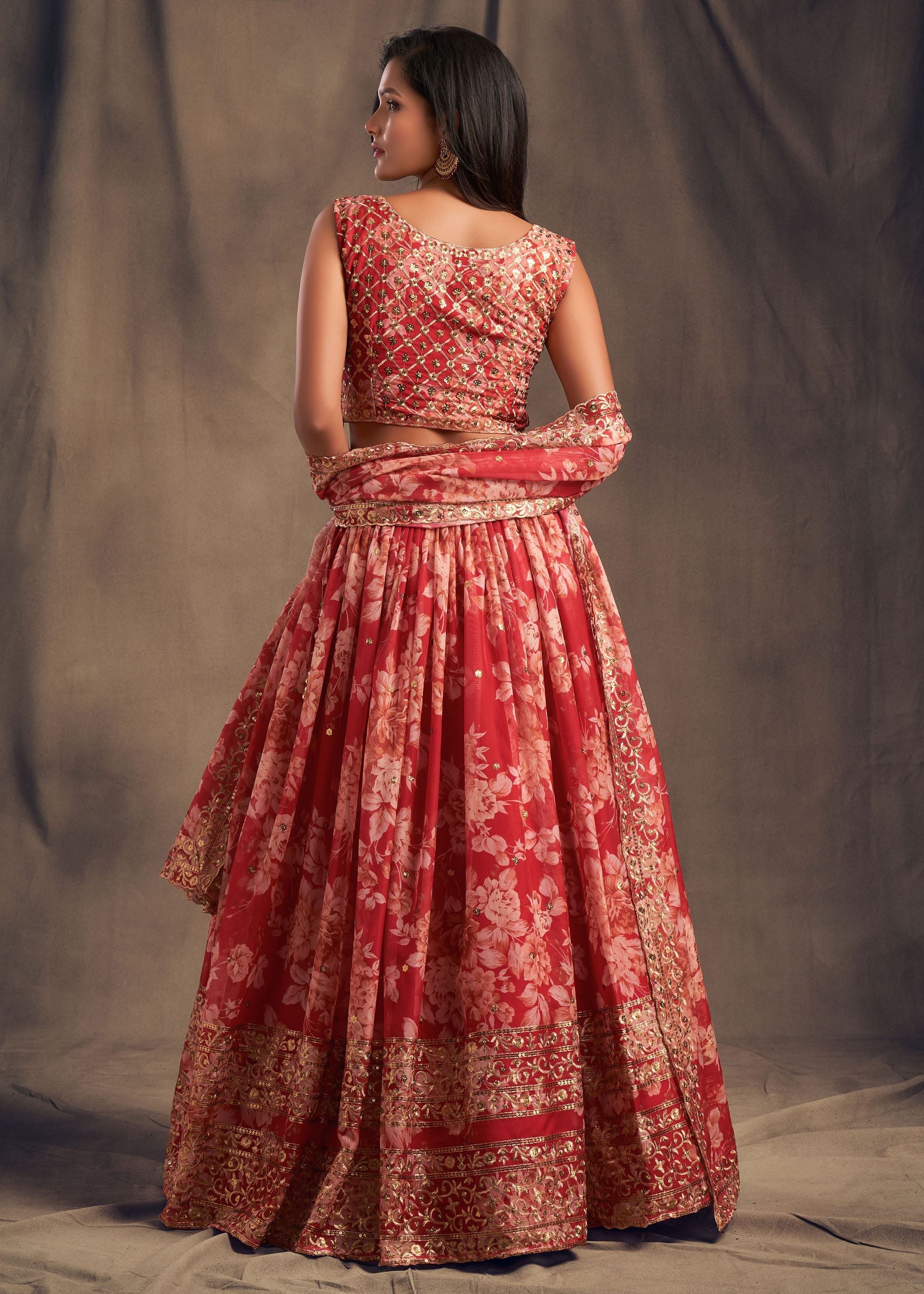 Red Organza Lehenga Choli With Sequins Zari Embroidery Work