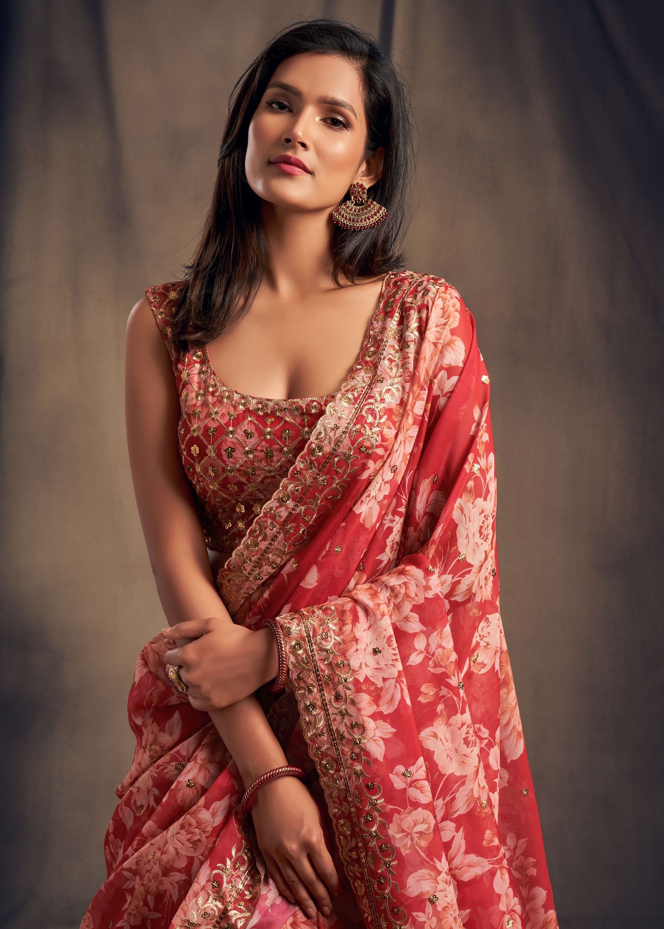 Red Organza Lehenga Choli With Sequins Zari Embroidery Work