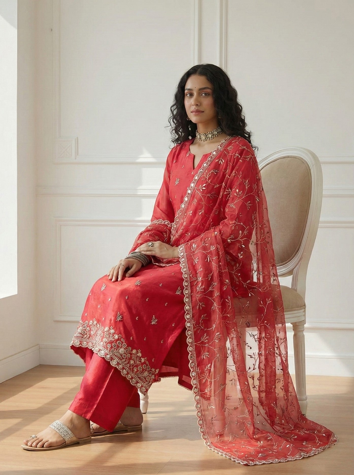 Red Organza Salwar Suit With Thread Embroidery