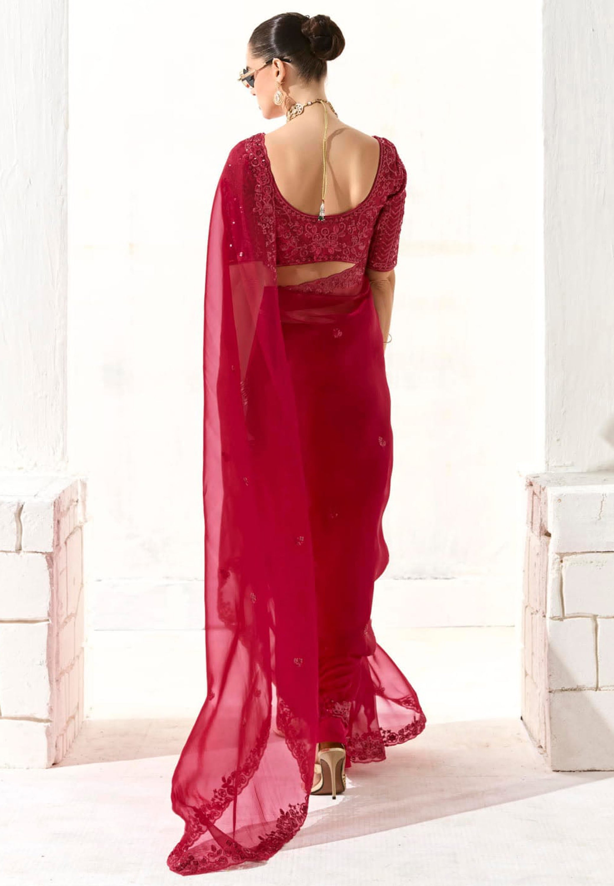 Red Organza Tissue Saree With  Heavy Embroidery Butta Work With Embroidered Blouse