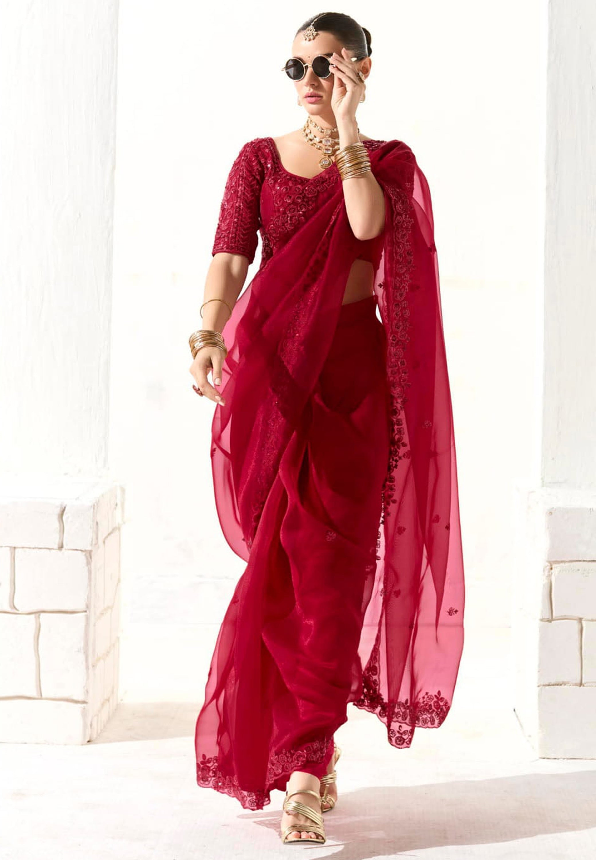 Red Organza Tissue Saree With  Heavy Embroidery Butta Work With Embroidered Blouse