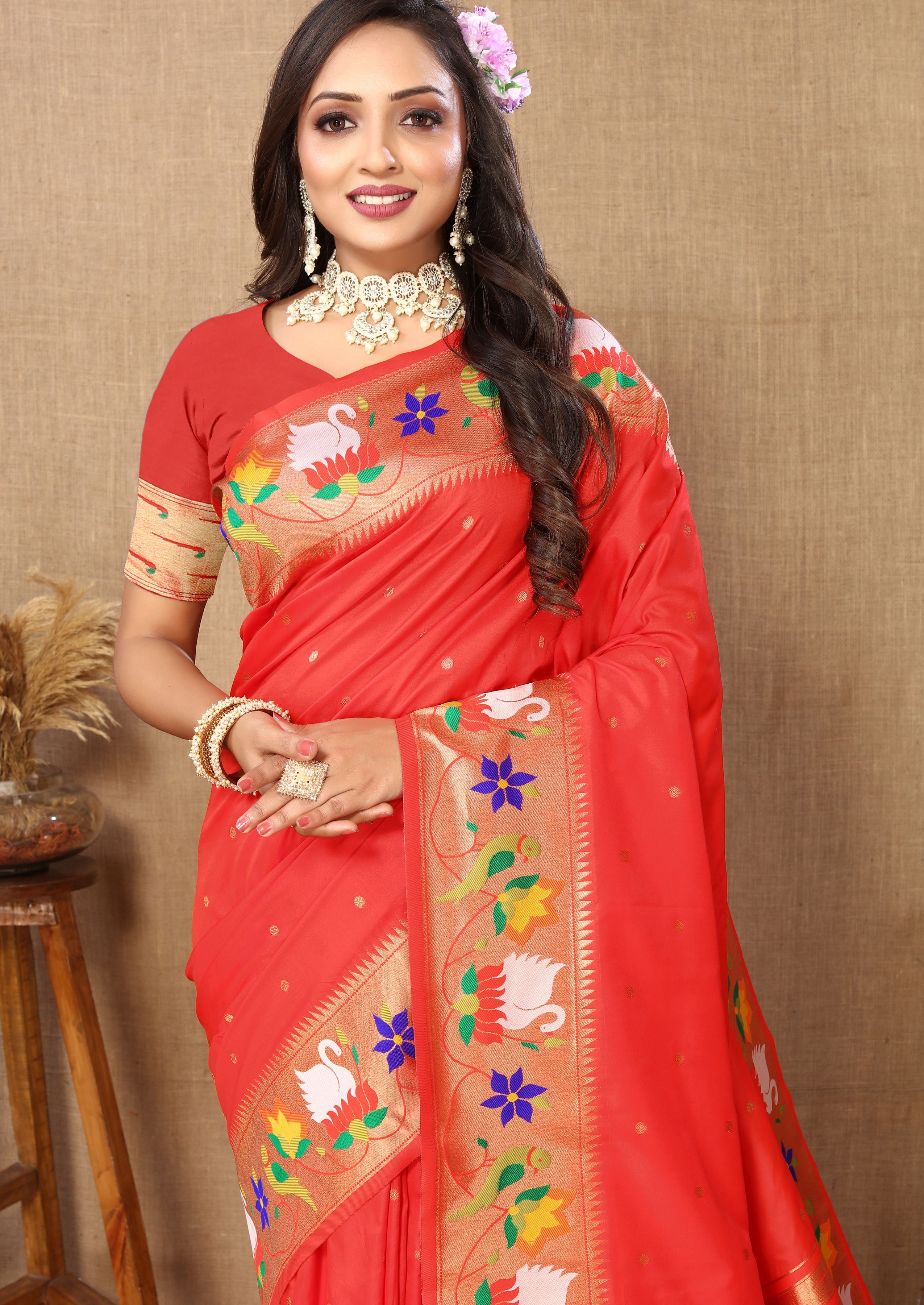 Red Paithani Silk Woven Meenakari Paithani Designer Ethnic Heavy Looks Saree