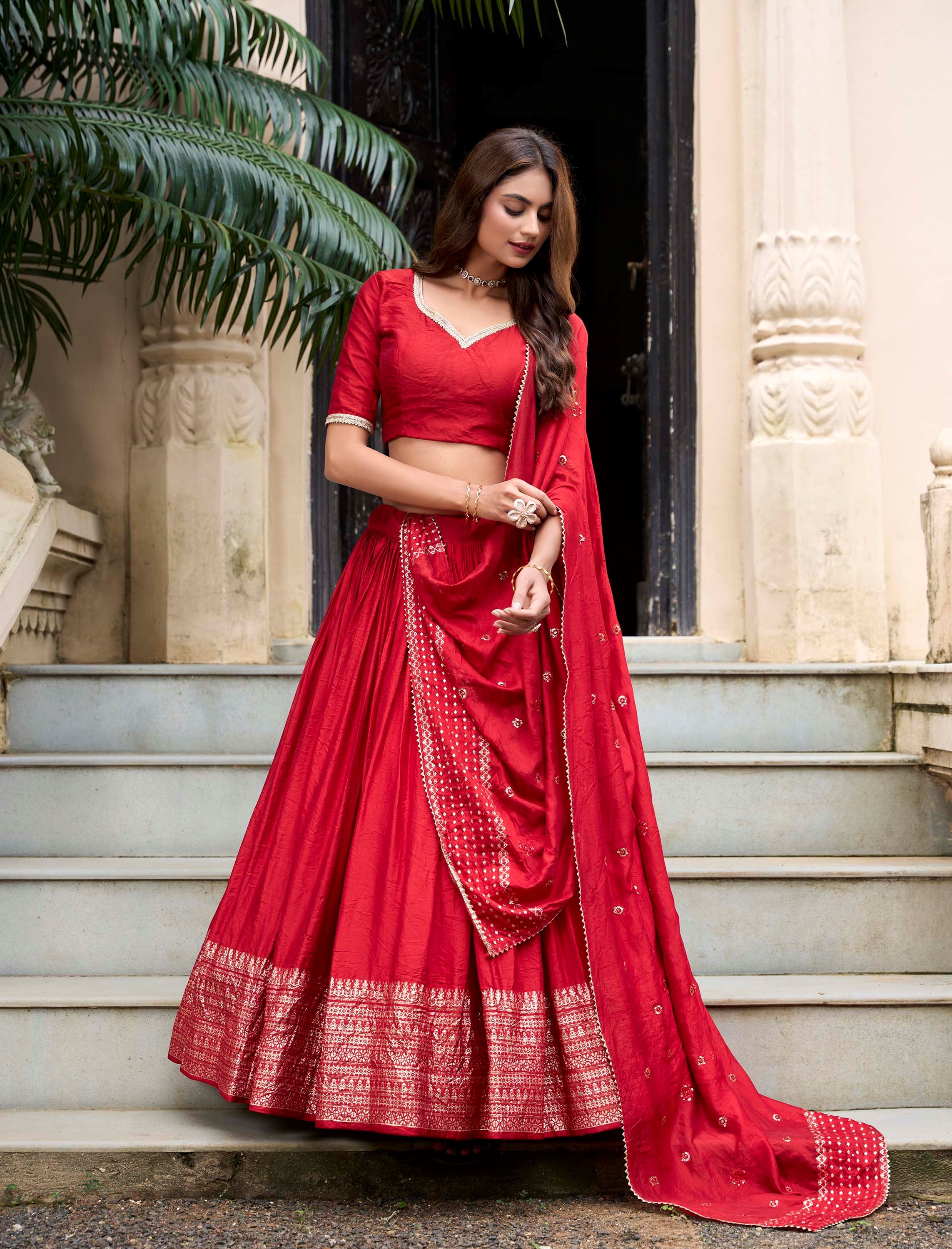 Red Plain Chanderi Lehenga with Zari Weaving Finish