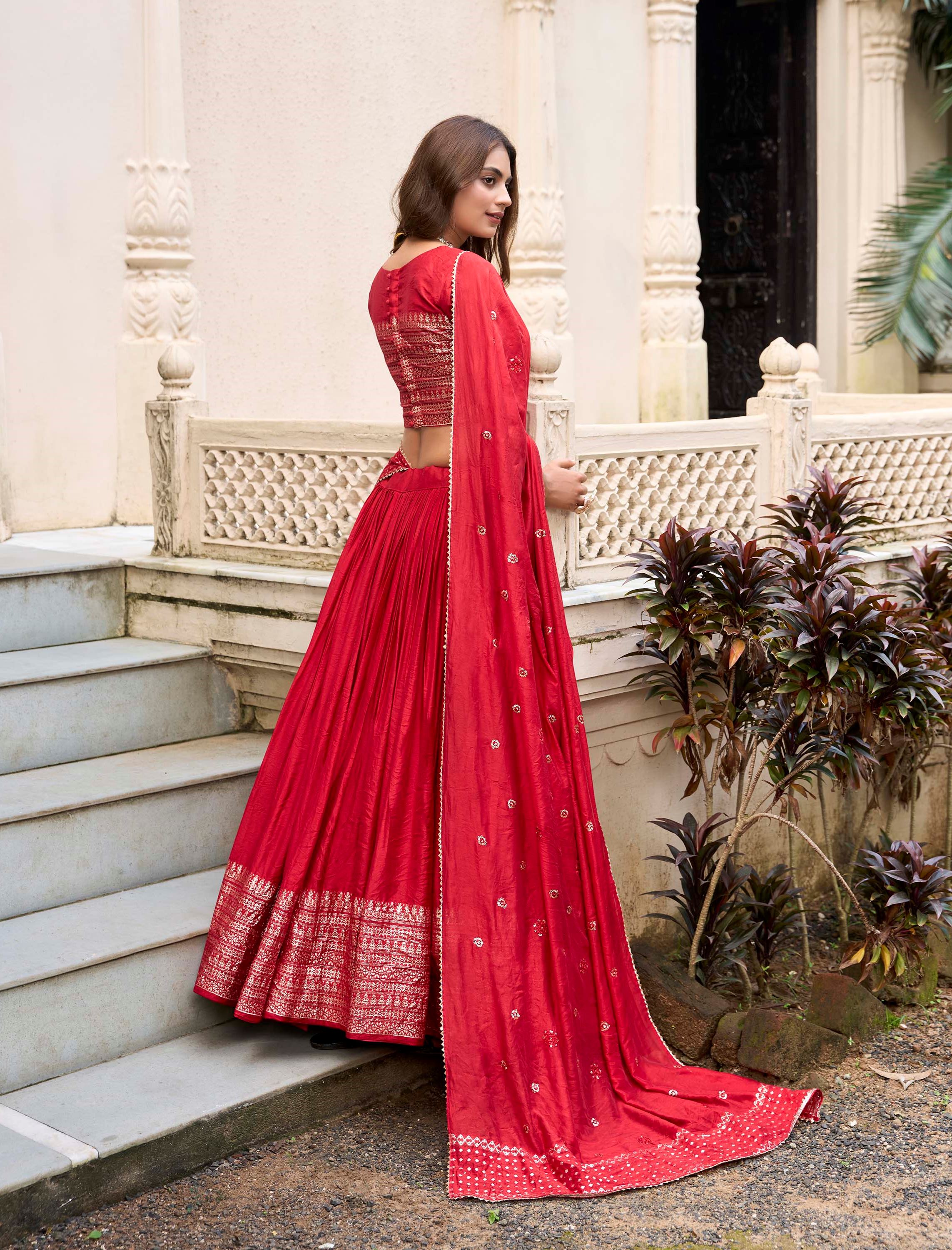 Red Plain Chanderi Lehenga with Zari Weaving Finish