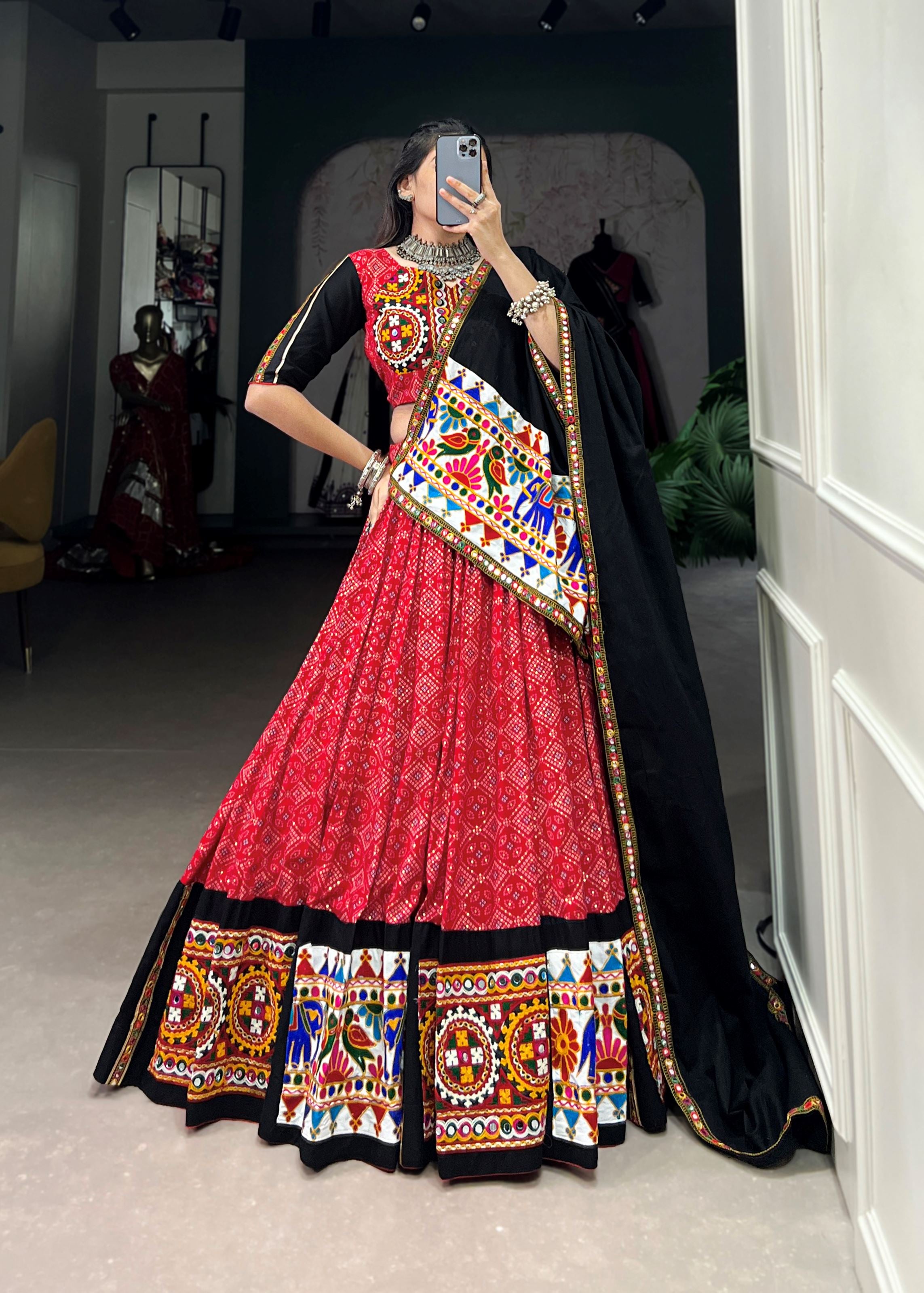 Red Printed Gamthi  Mirror Work Lehenga Choli