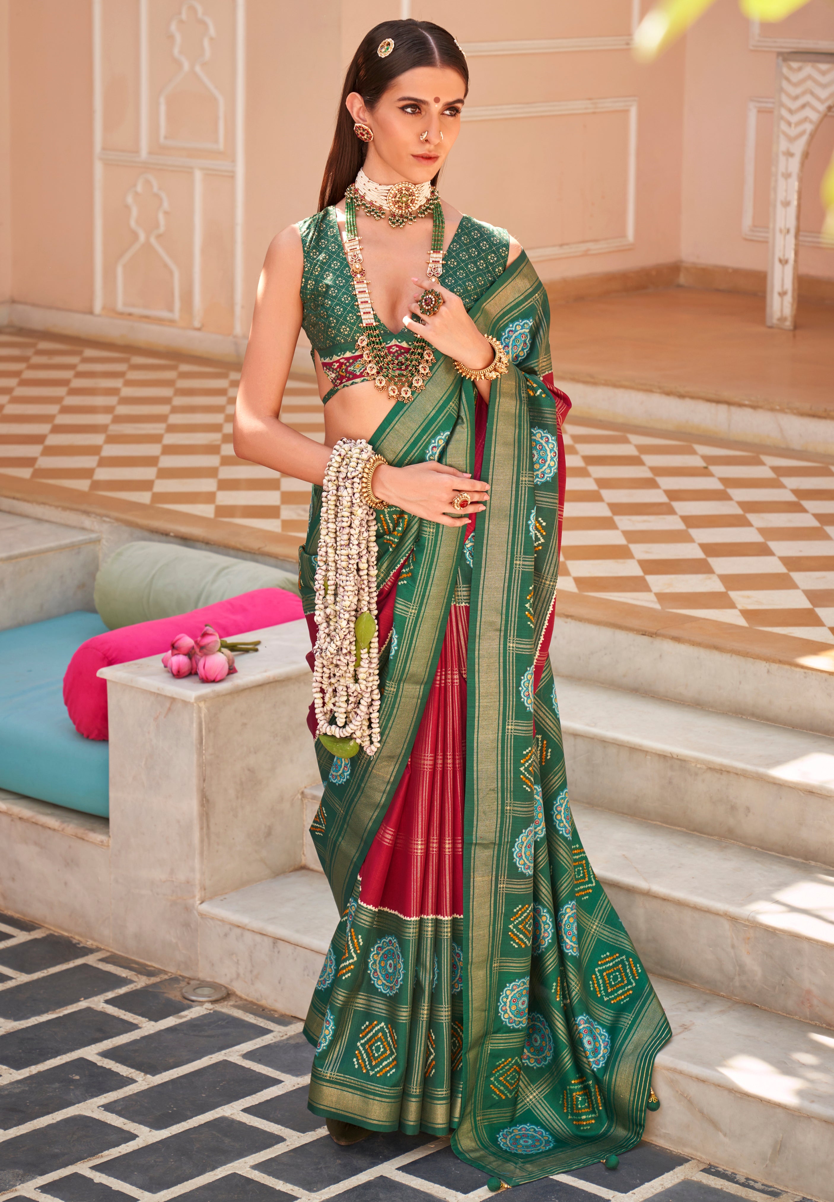Red Printed Saree With Jacquared Woven Work