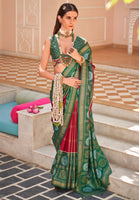 Red Printed Saree With Jacquared Woven Work