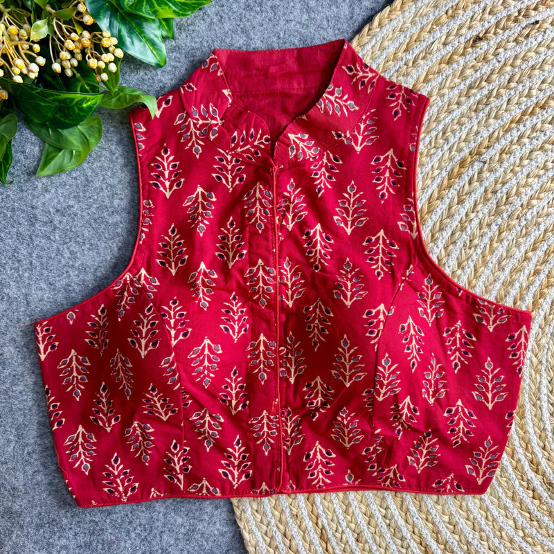 Red Pure Cotton Ajrakh Print High Neck Saree Blouse for Women