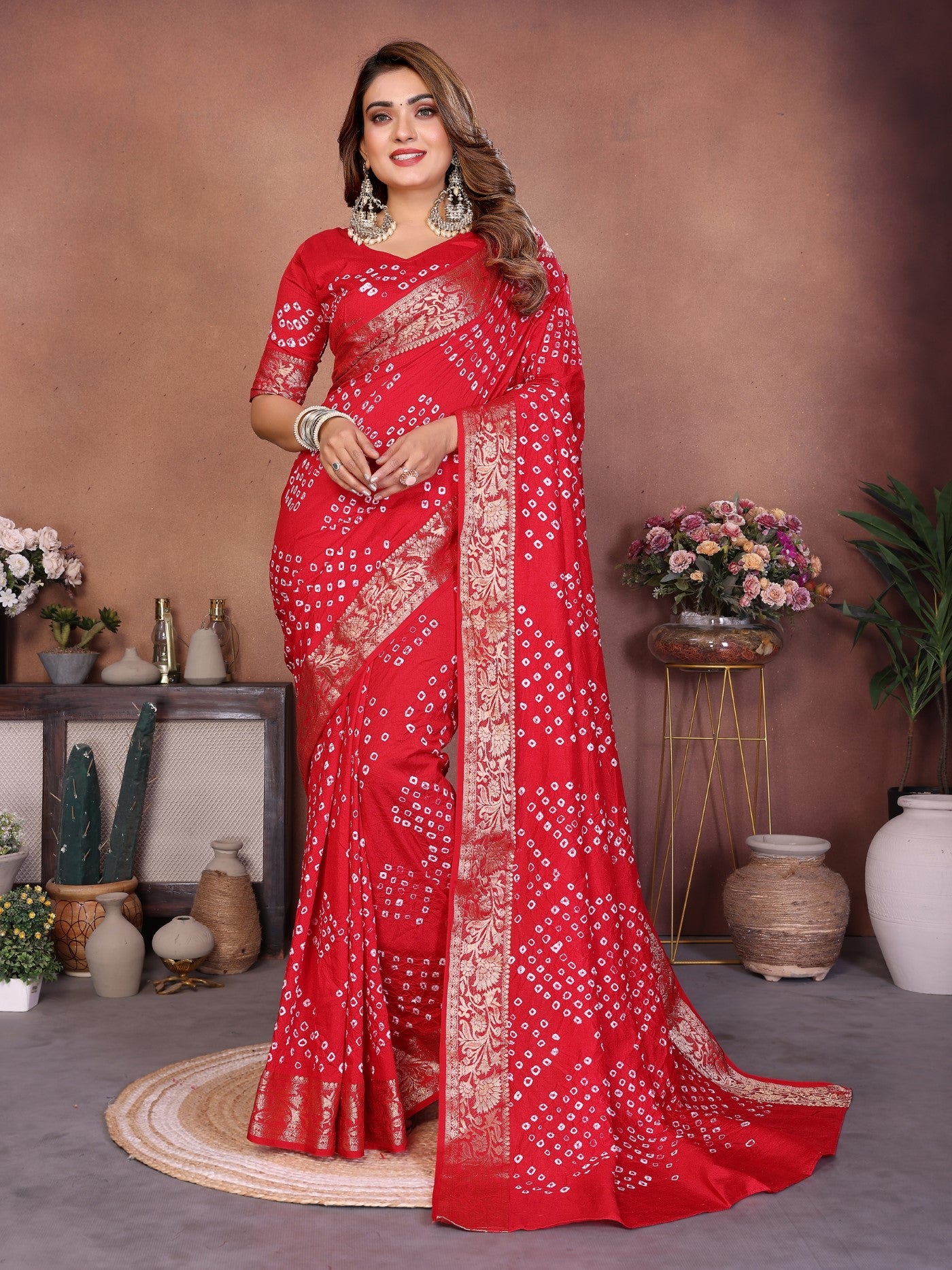 Red Pure Dola Silk Saree With Handmade Original Bandhej
