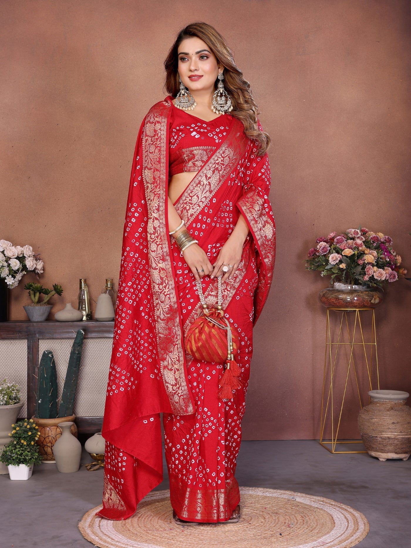 Red Pure Dola Silk Saree With Handmade Original Bandhej
