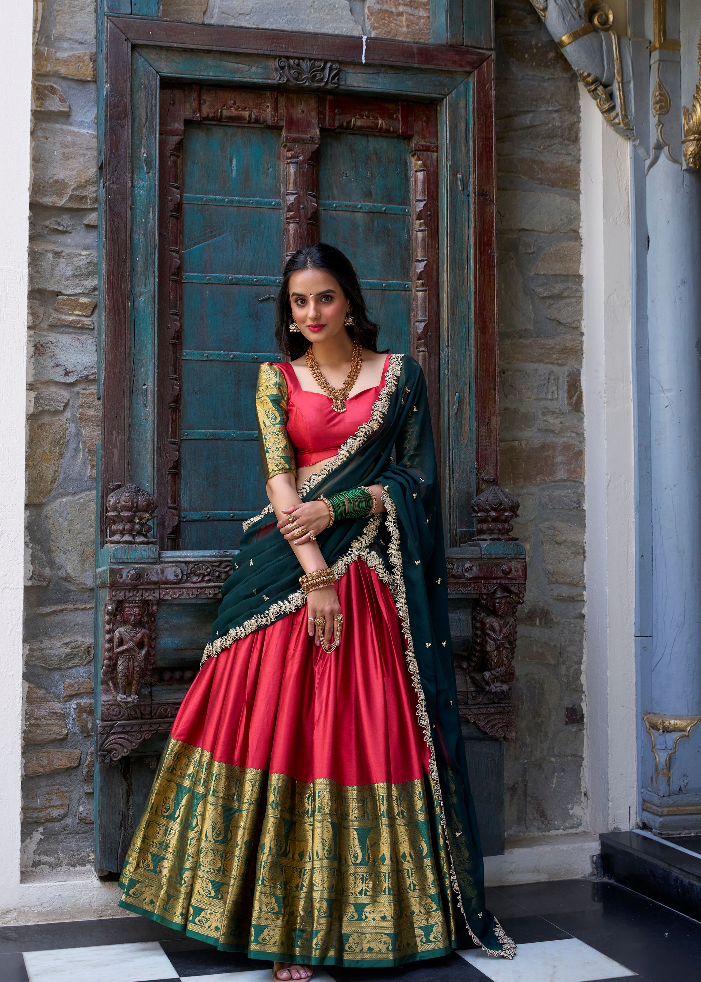Red Radiance Narayan Pattu Lehenga Embellished With Exquisite Zari Weaves