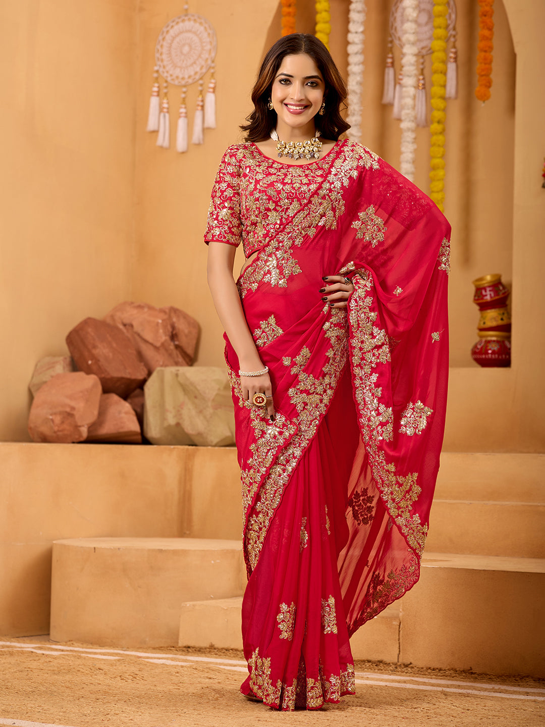 Red Rangoli Silk Bridal Saree With Heavy Sequins Embroidery