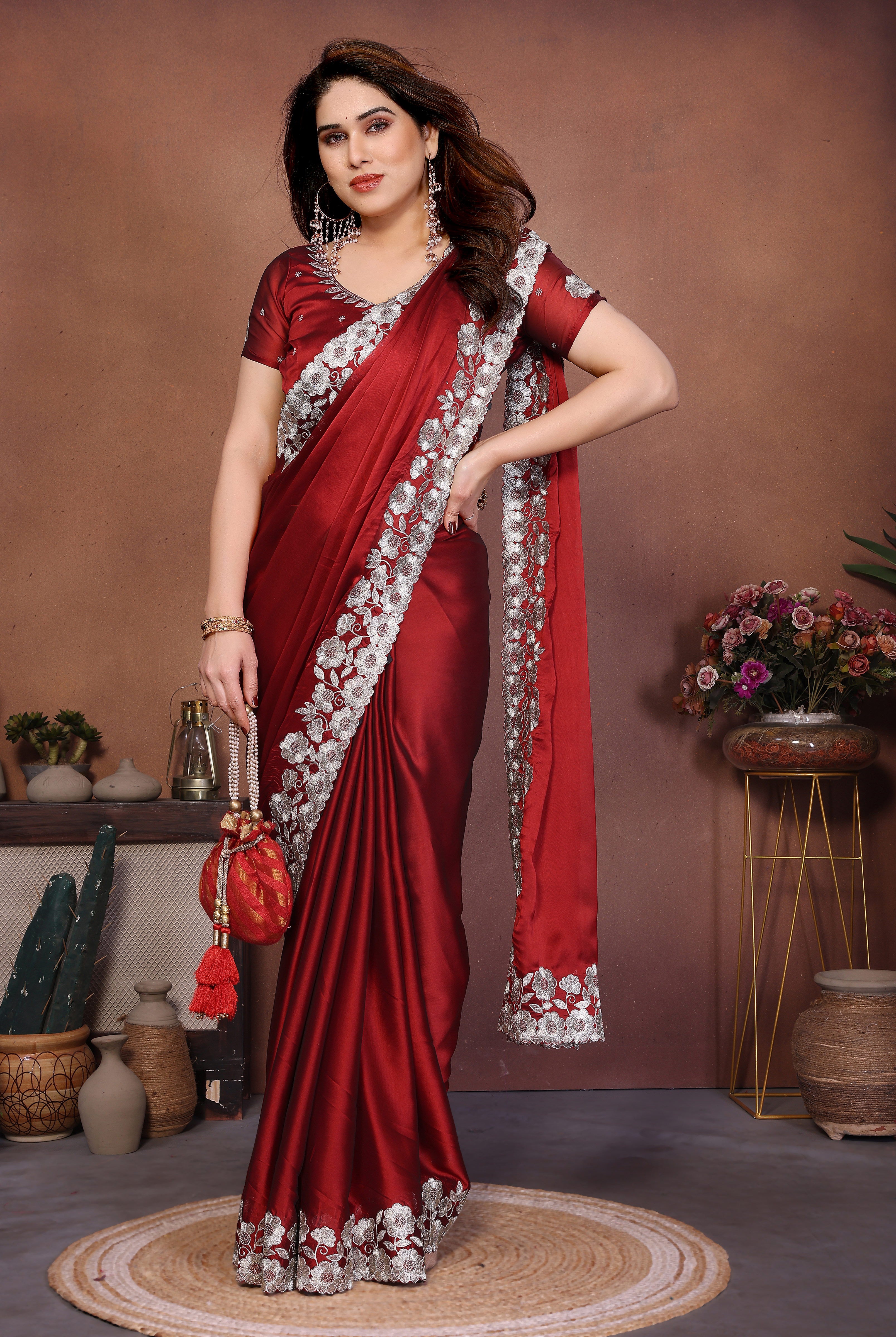 Red Rangoli Silk Saree with Heavy Designer Thread Embroidery