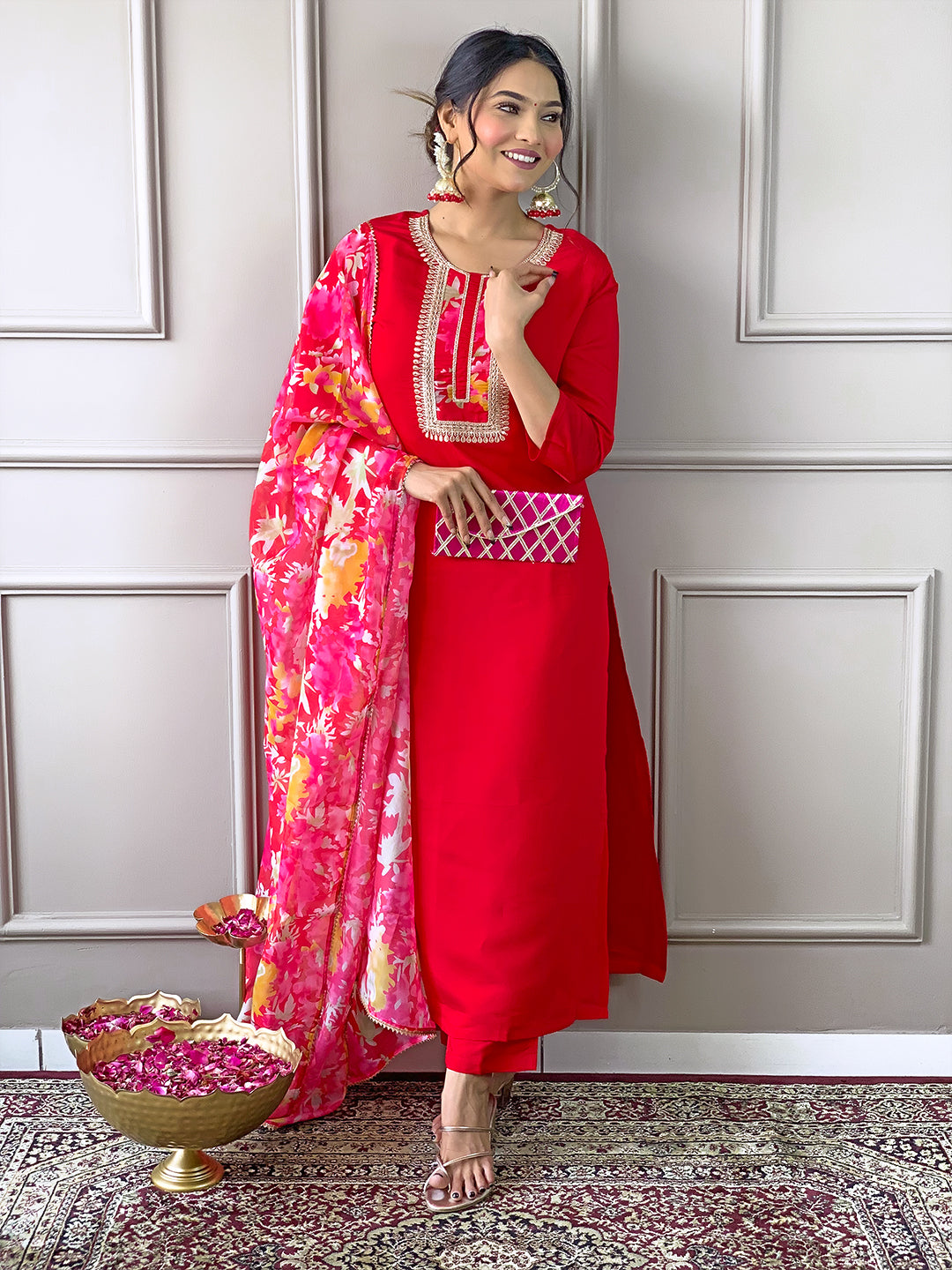 Red Rayon Elegant Kurta Pant Set With Embroidery Work