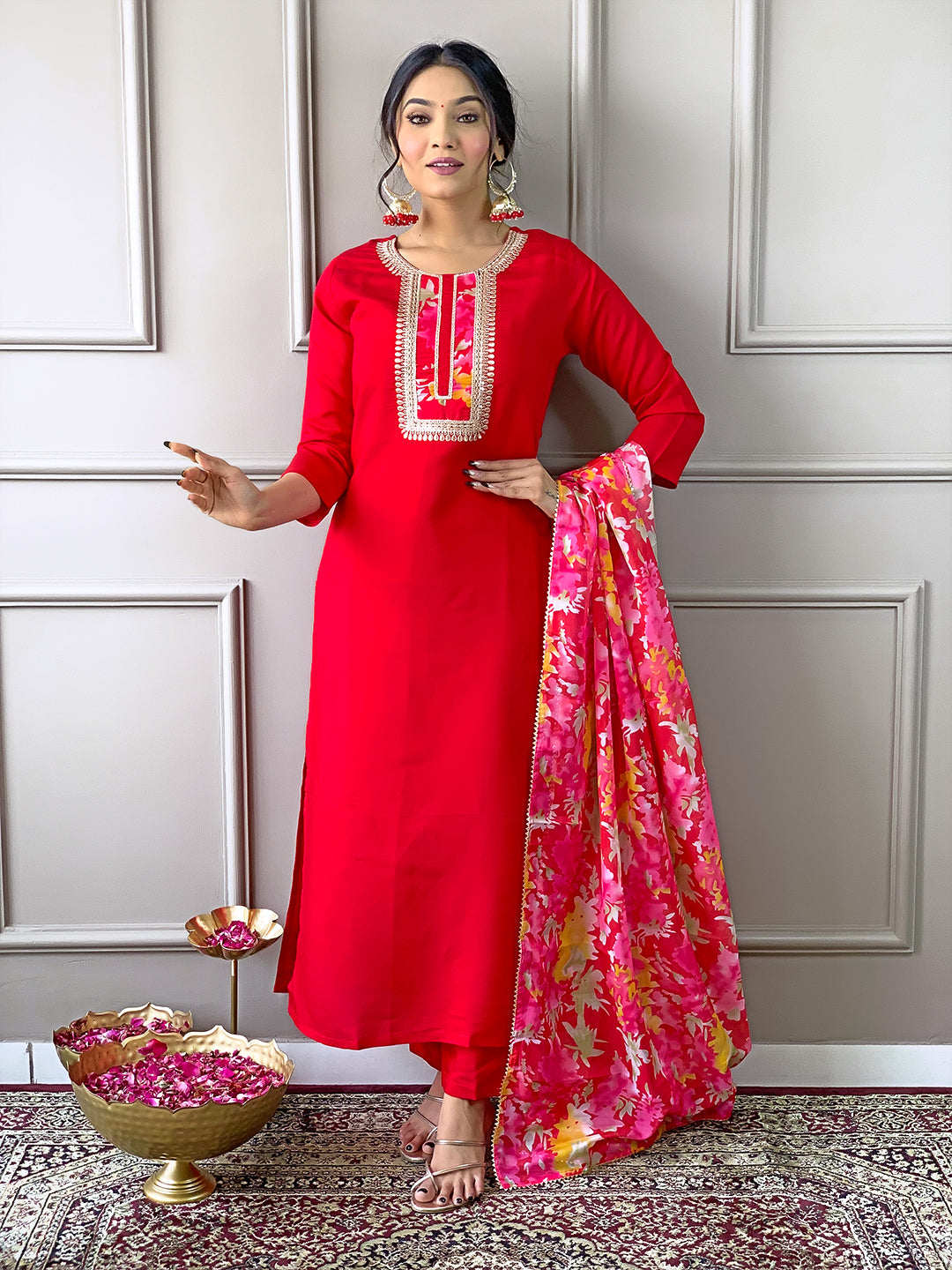 Red Rayon Elegant Kurta Pant Set With Embroidery Work
