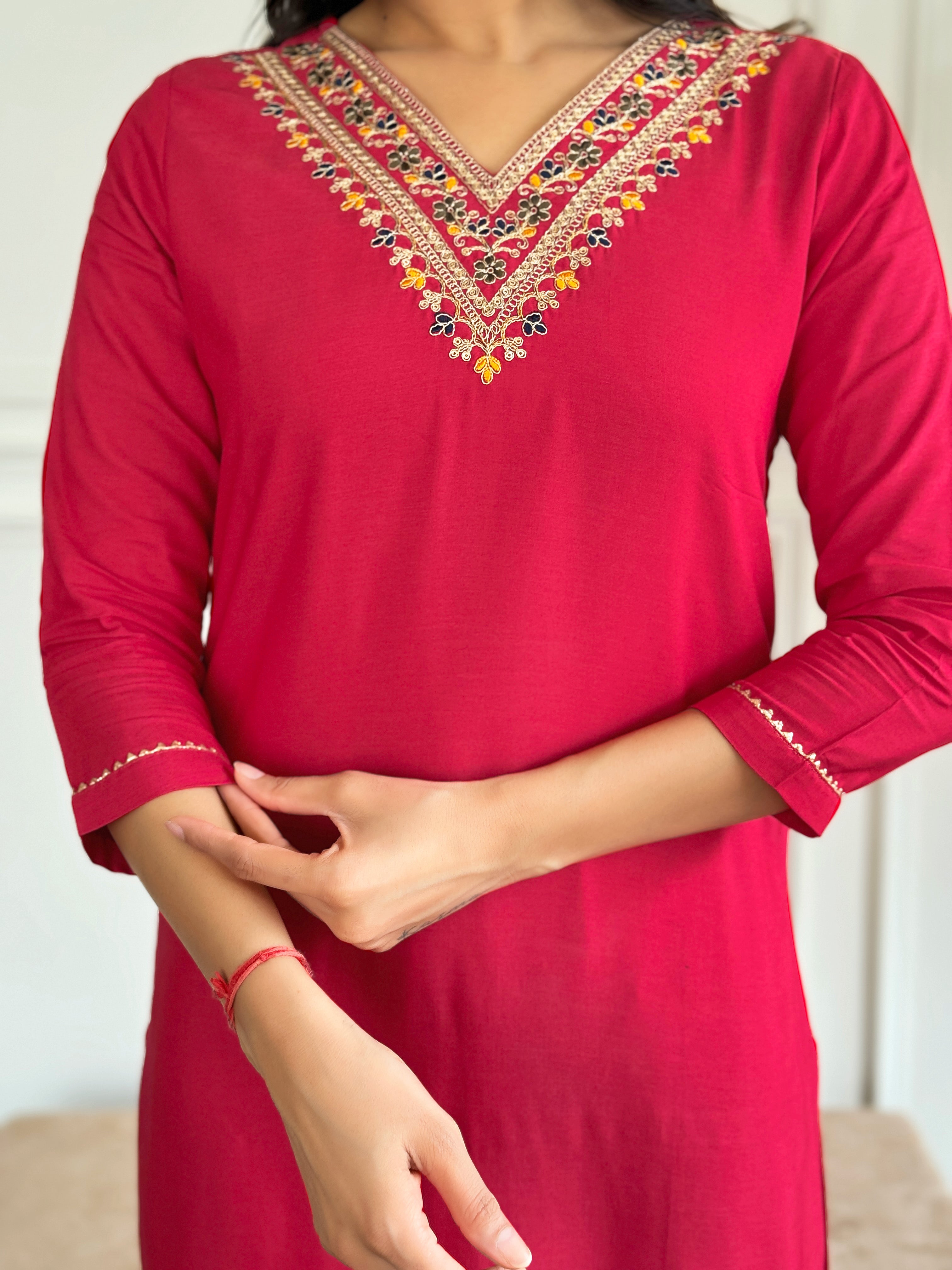 Red Rayon Elegant Kurta Pant Set With Embroidery Work