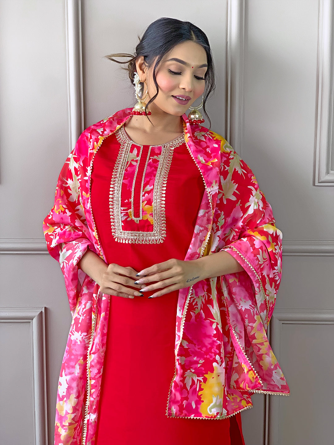 Red Rayon Elegant Kurta Pant Set With Embroidery Work