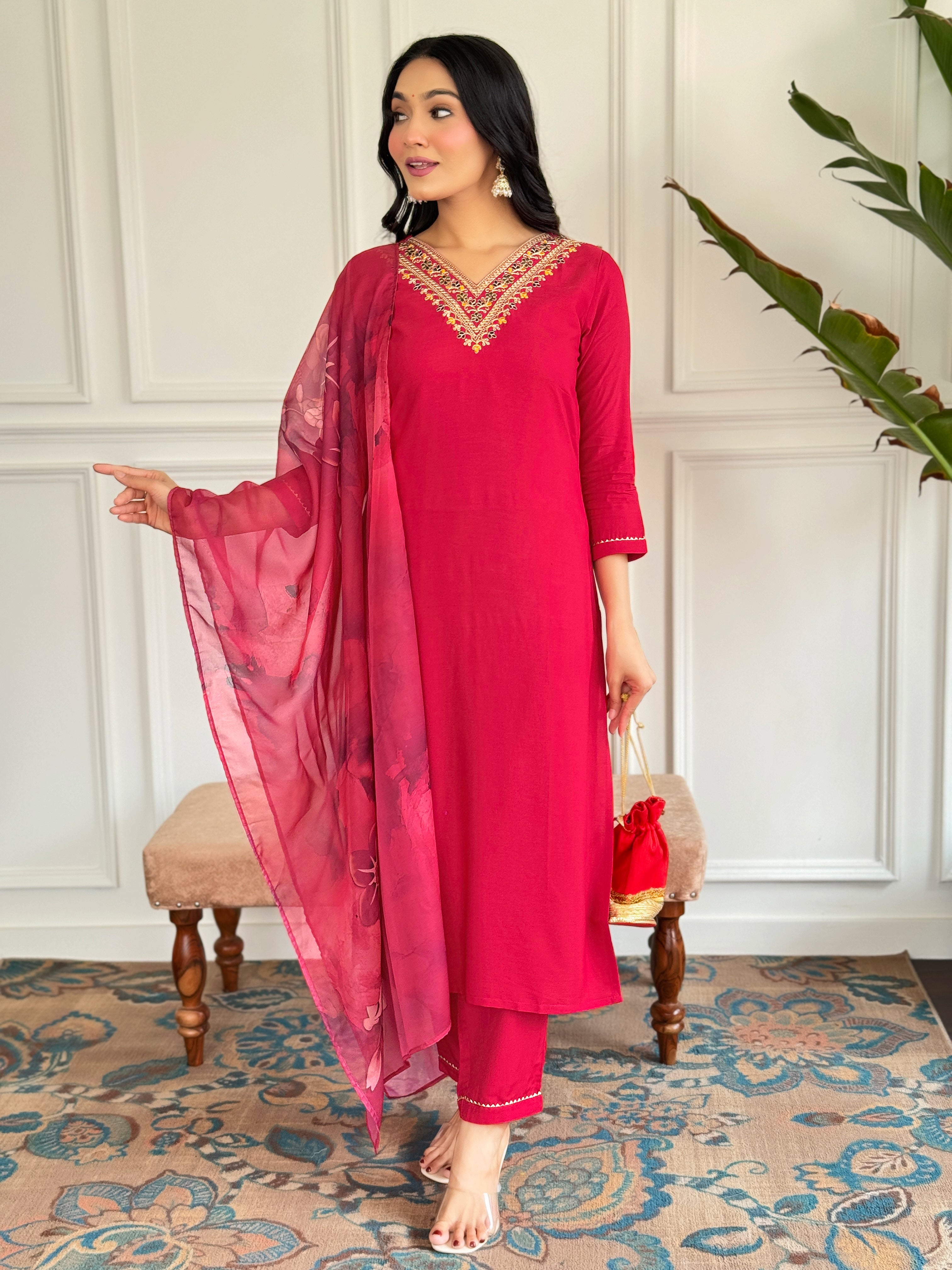 Red Rayon Elegant Kurta Pant Set With Embroidery Work