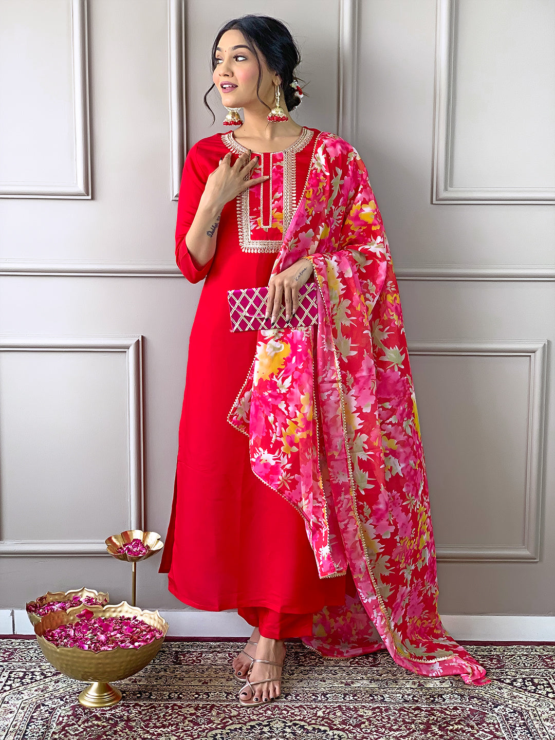 Red Rayon Elegant Kurta Pant Set With Embroidery Work